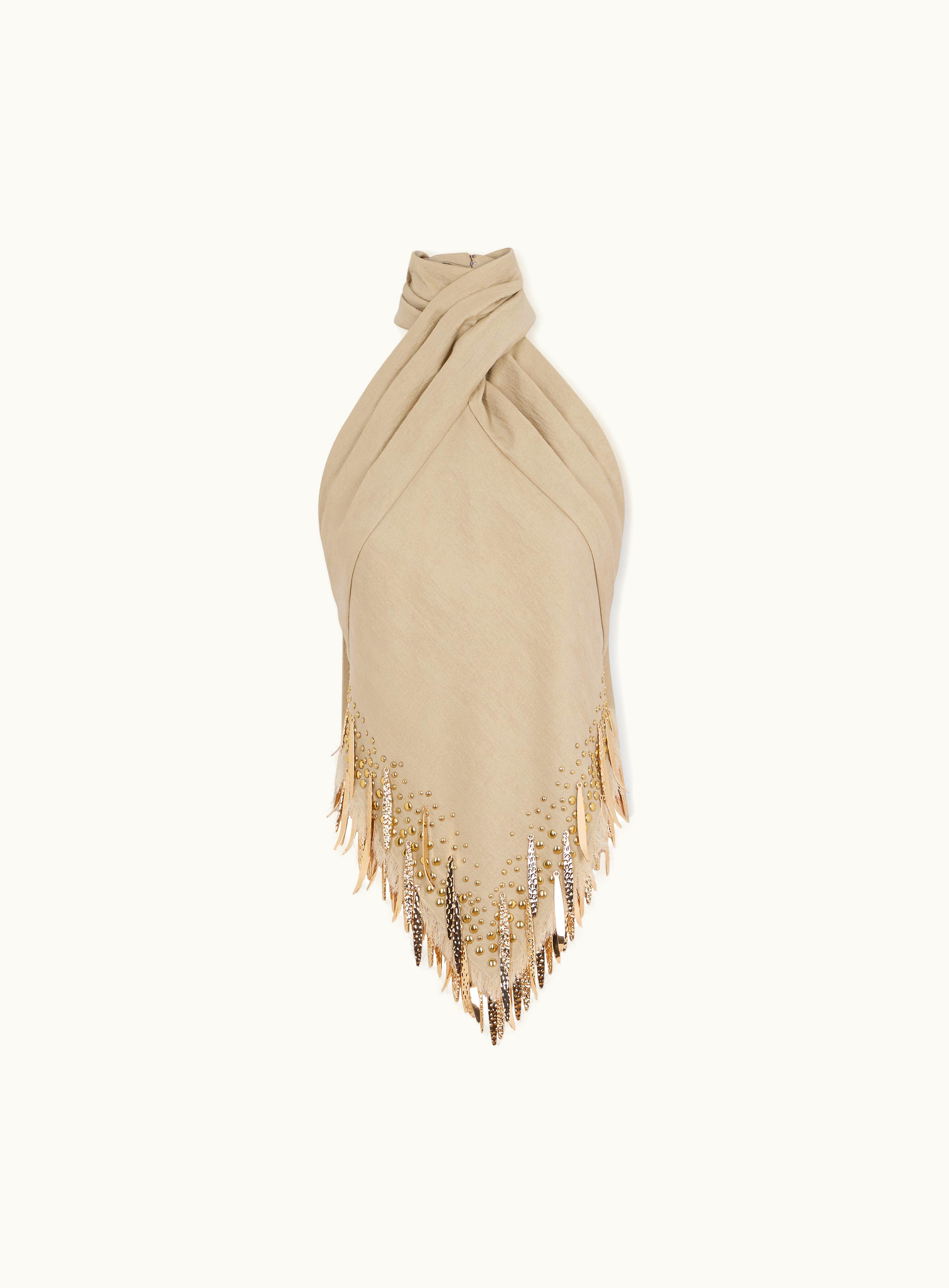Rabanne Rabanne Sand Colored Top In Wool Embelished With Metallic Fringe Details