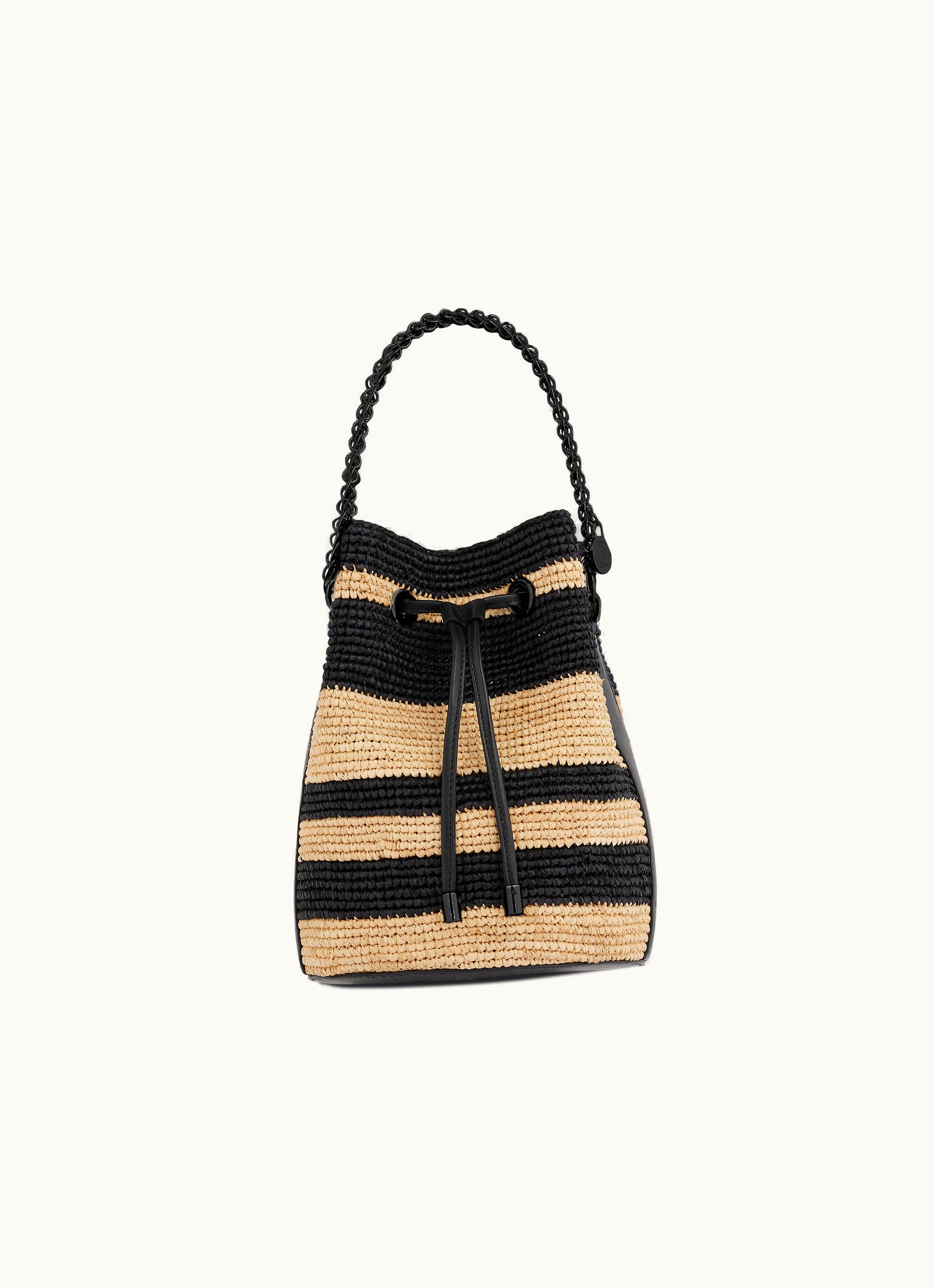 Rabanne Rabanne Stripped Raffia Bucket Bag With 1969 Discs Details