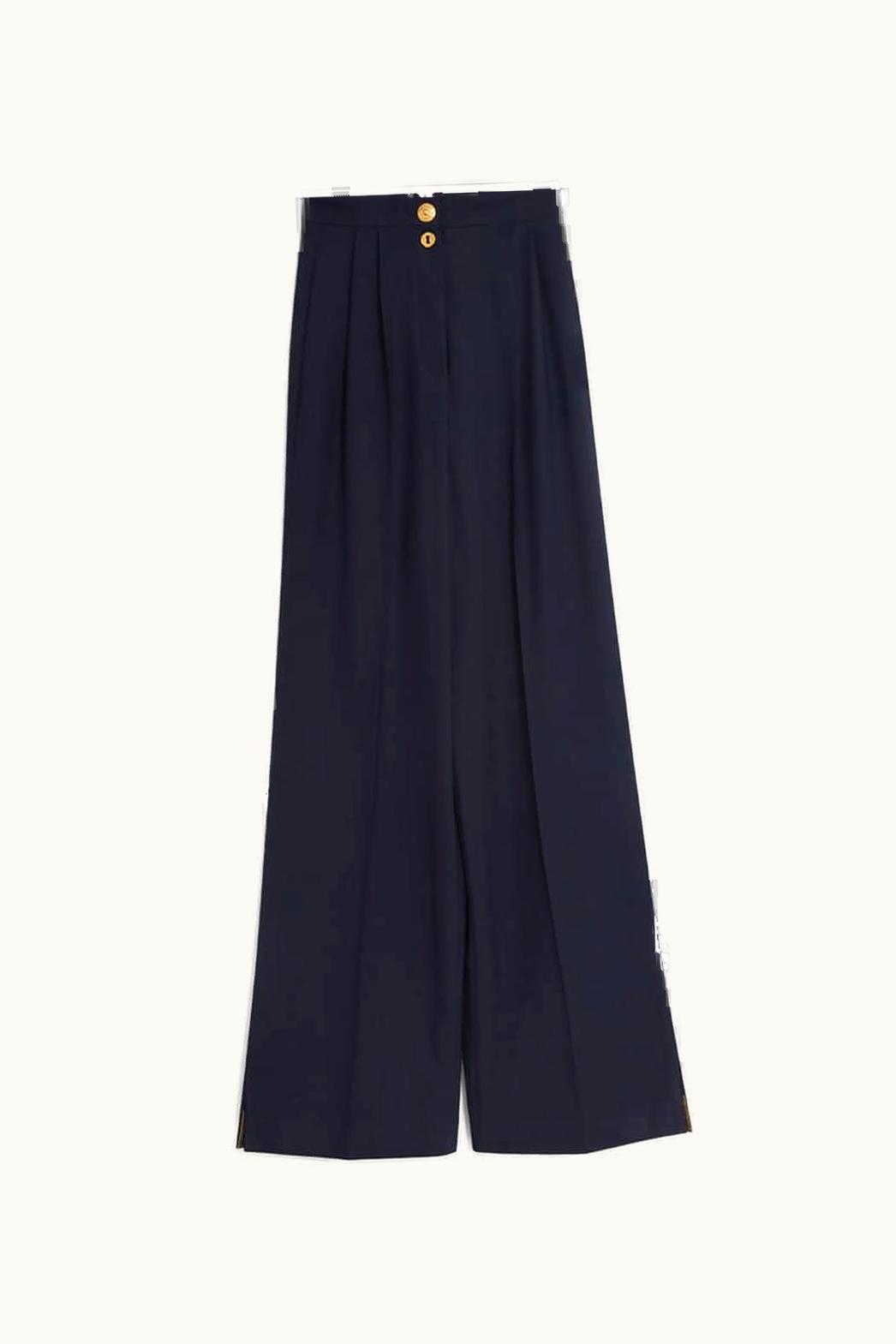Schiaparelli Schiaparelli Measuring Tape Embroidered Wide-Leg Wool Fresco Pants Navy Blue
