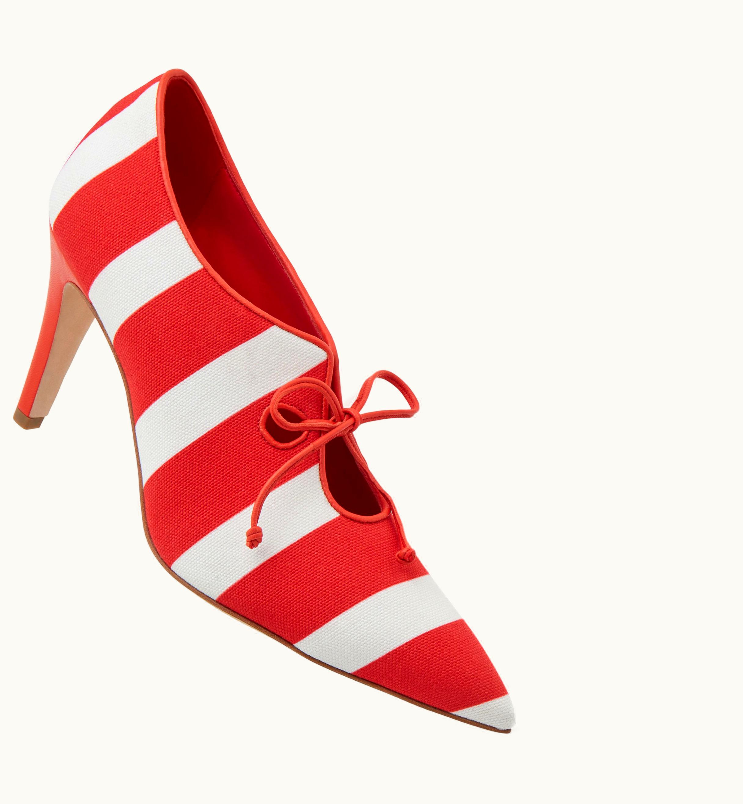 Manolo Blahnik Manolo Blahnik Serviliana Red And White Cotton Lace-Up Pumps