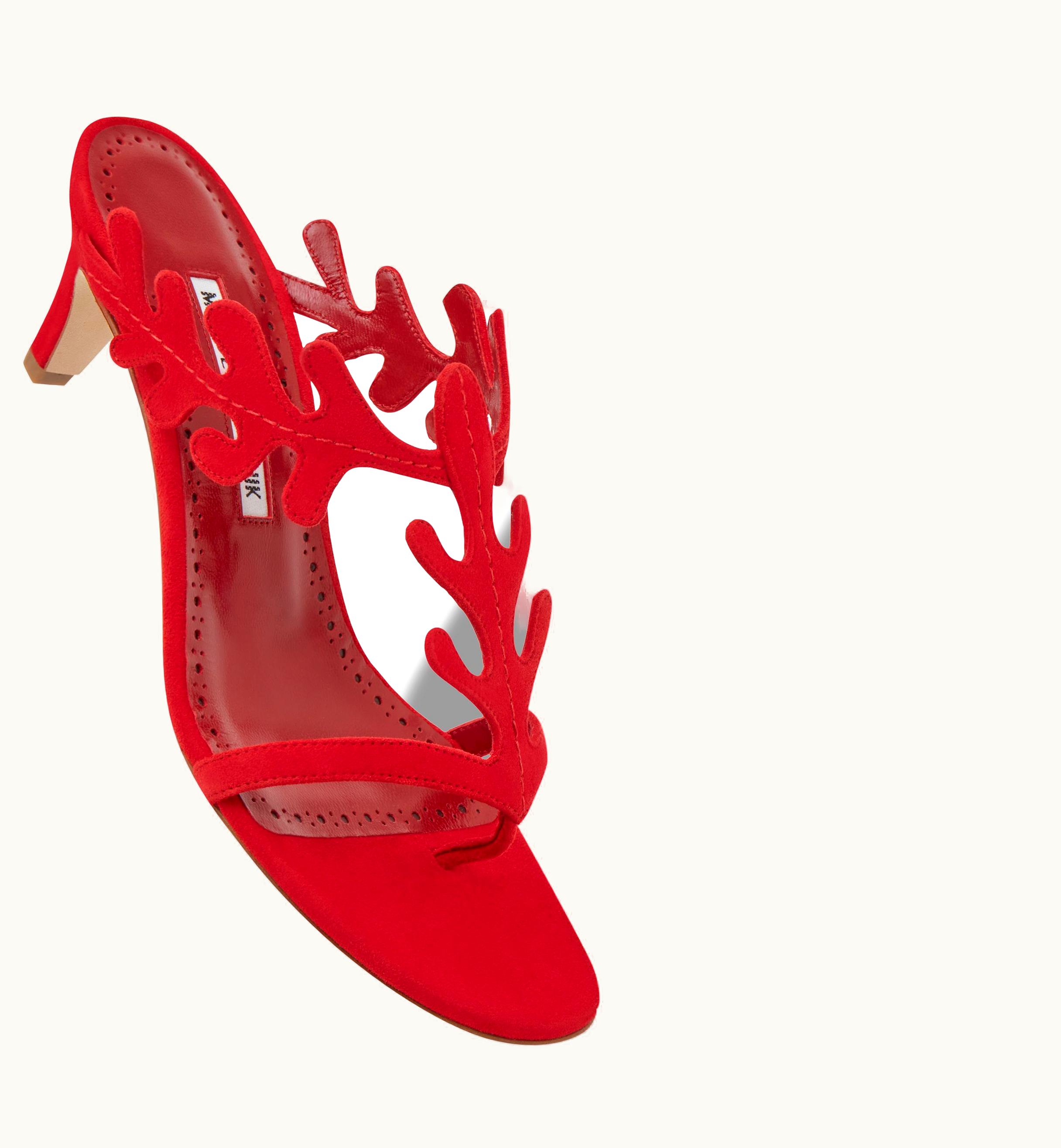 Manolo Blahnik Manolo Blahnik Hidrag Red Suede Serrated Mules