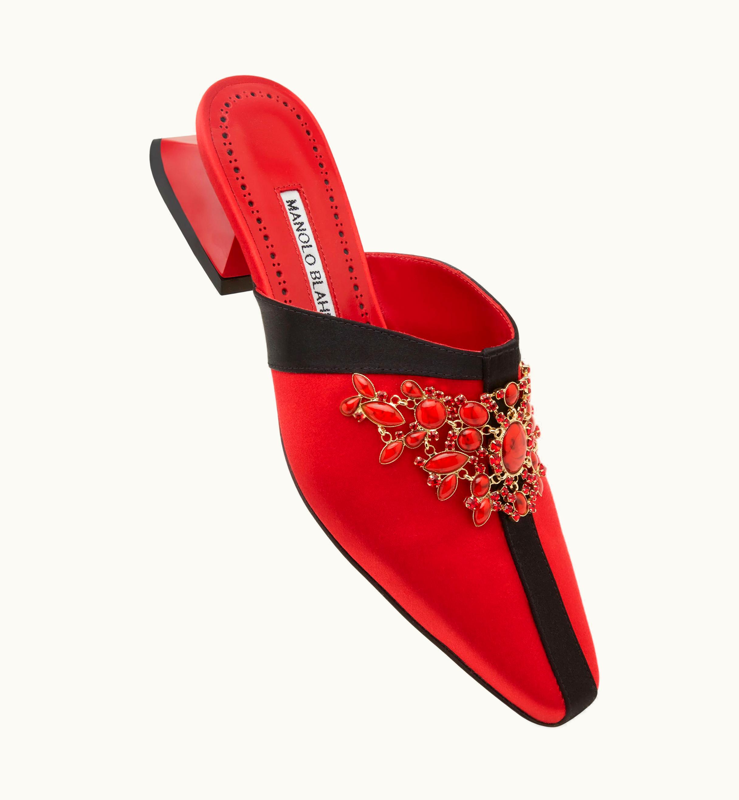 Manolo Blahnik Manolo Blahnik Sawa Red Satin Jewel Embellished Mules