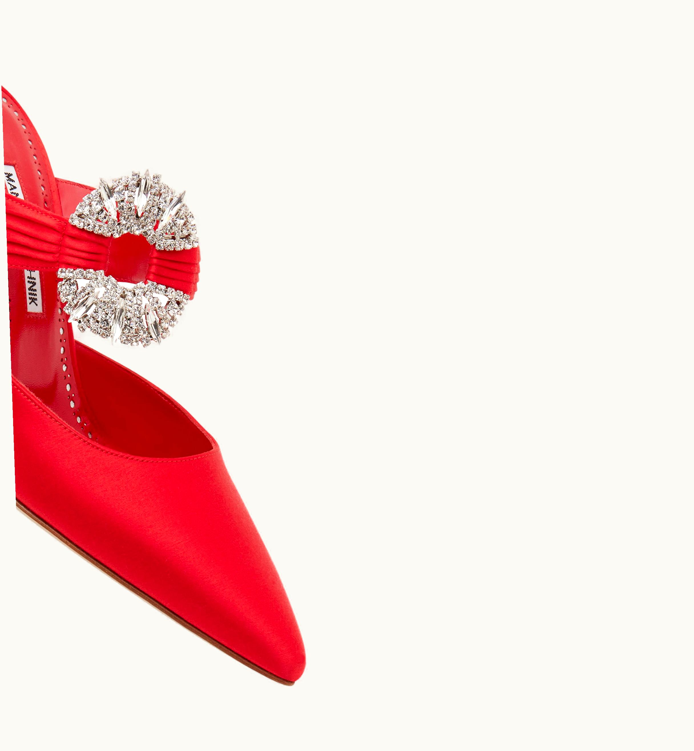 Manolo Blahnik Manolo Blahnik Maidugura Red Satin Embellished Buckle Mules