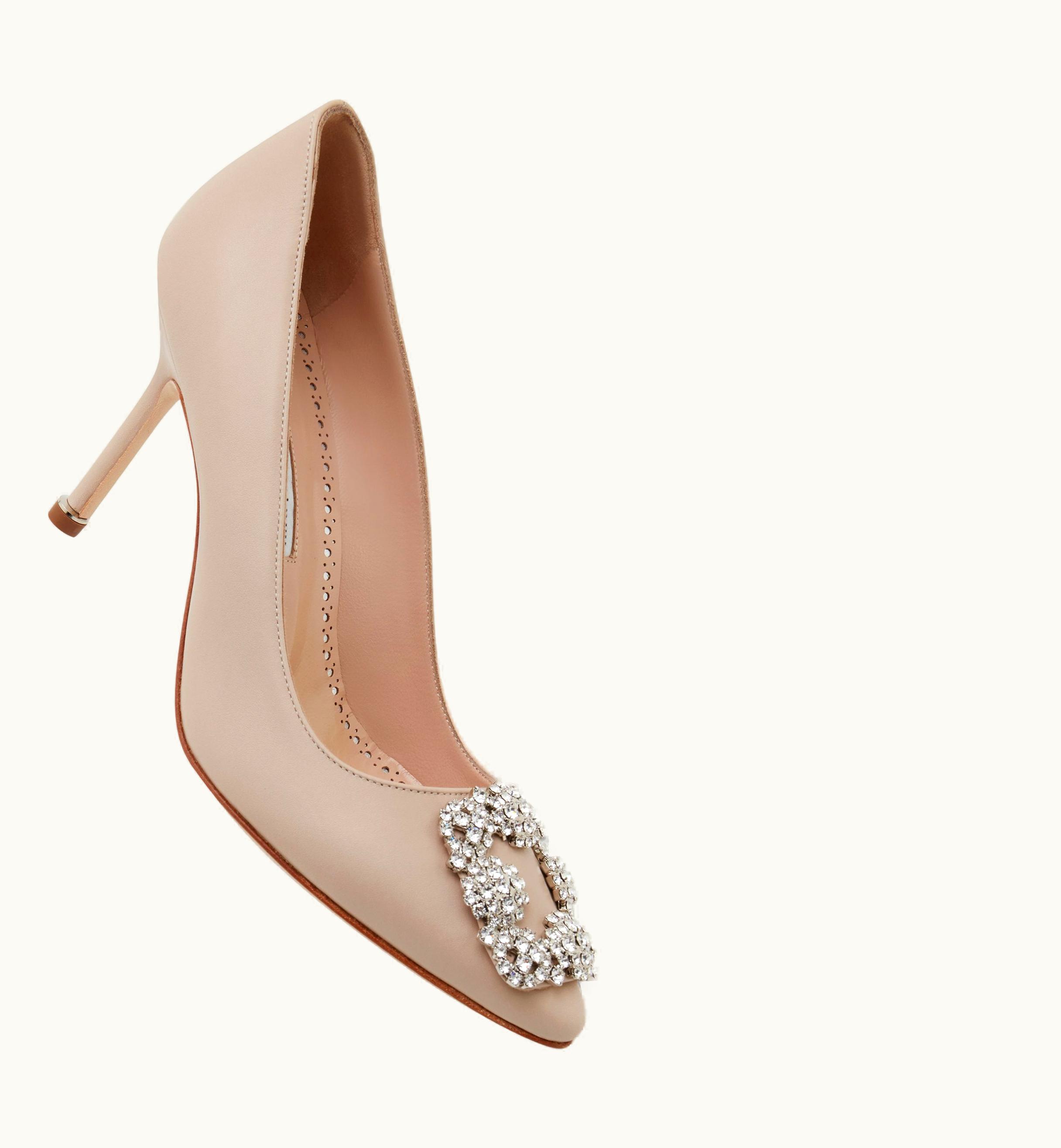 Manolo Blahnik Manolo Blahnik Hangisi 90 Beige Calf Leather Jewel Buckle Pumps