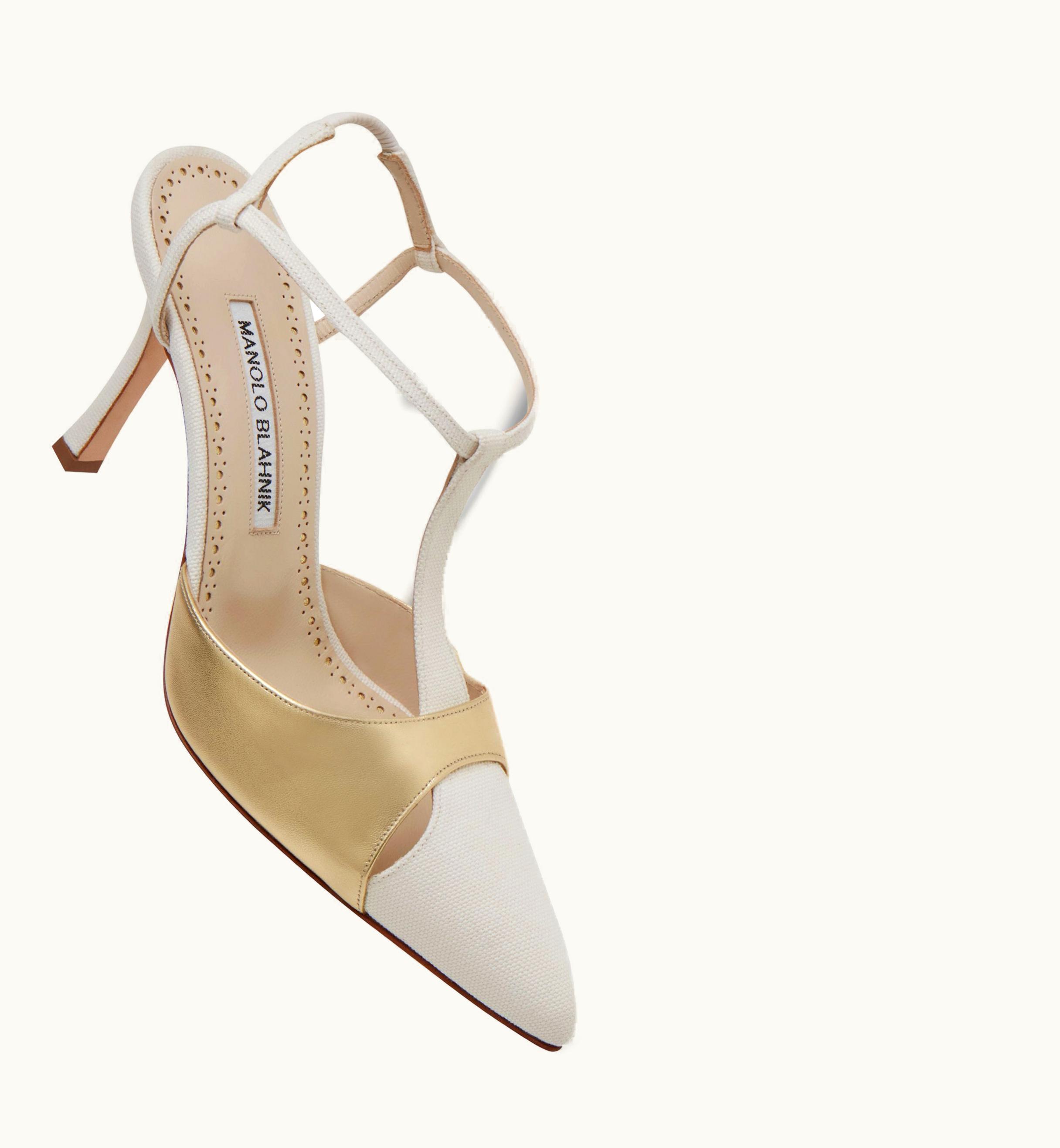 Manolo Blahnik Manolo Blahnik Turgimodhi Cream And Gold Cotton T-Bar Pumps