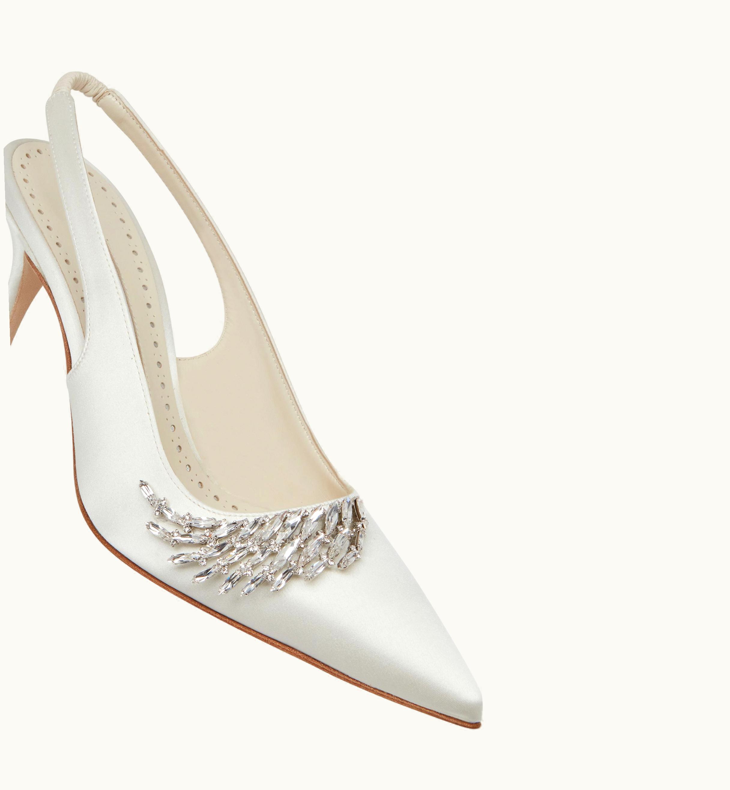 Manolo Blahnik Manolo Blahnik Terala Cream Satin Jewel Embellished Slingback Pumps