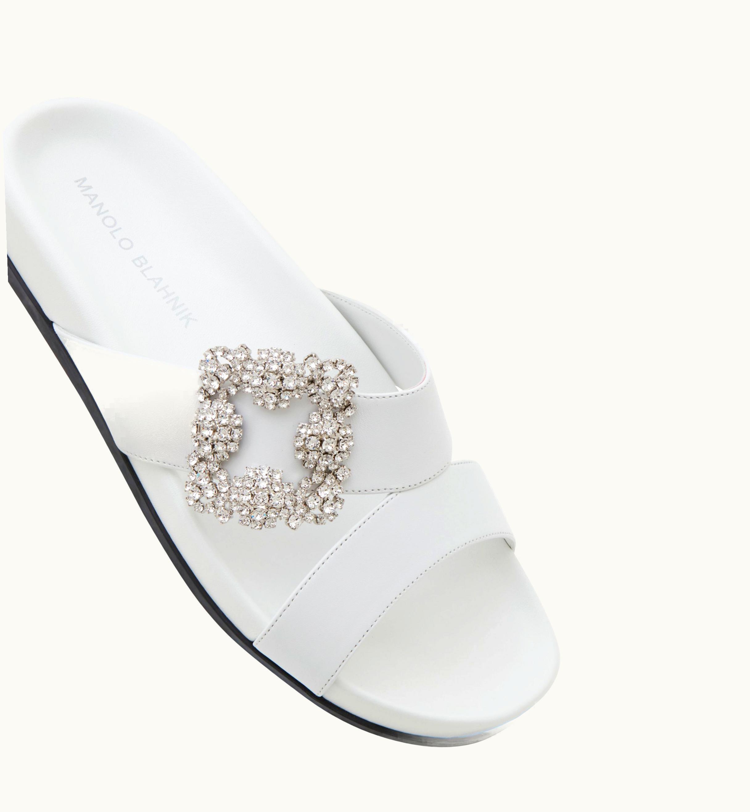 Manolo Blahnik Manolo Blahnik Chilanghi White Calf Leather Jewel Buckle Flat Mules