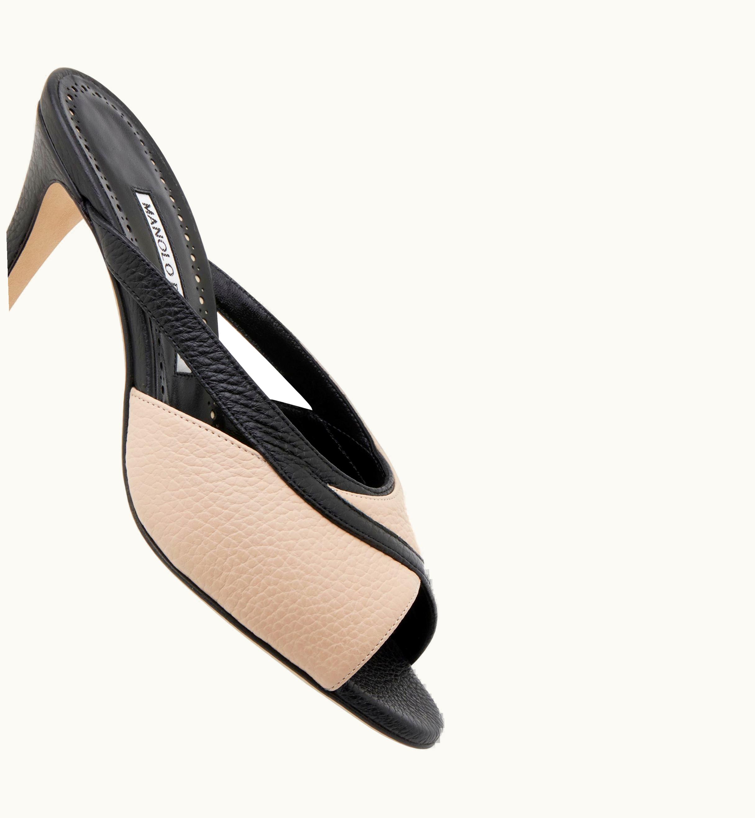 Manolo Blahnik Manolo Blahnik Floramu Black And Beige Calf Leather Mules