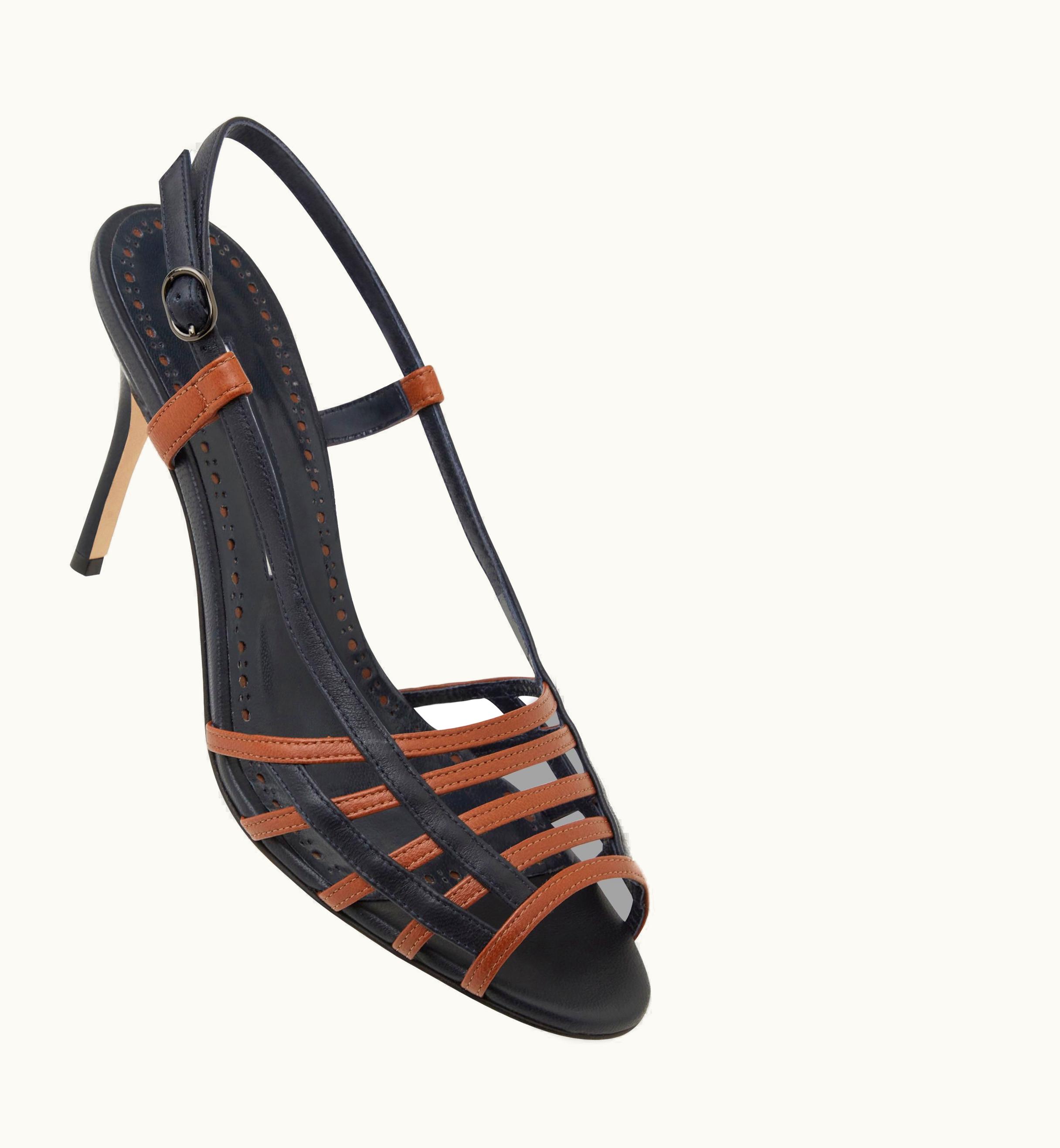 Manolo Blahnik Manolo Blahnik Sorolla Brown And Navy Nappa Leather Slingback Sandals