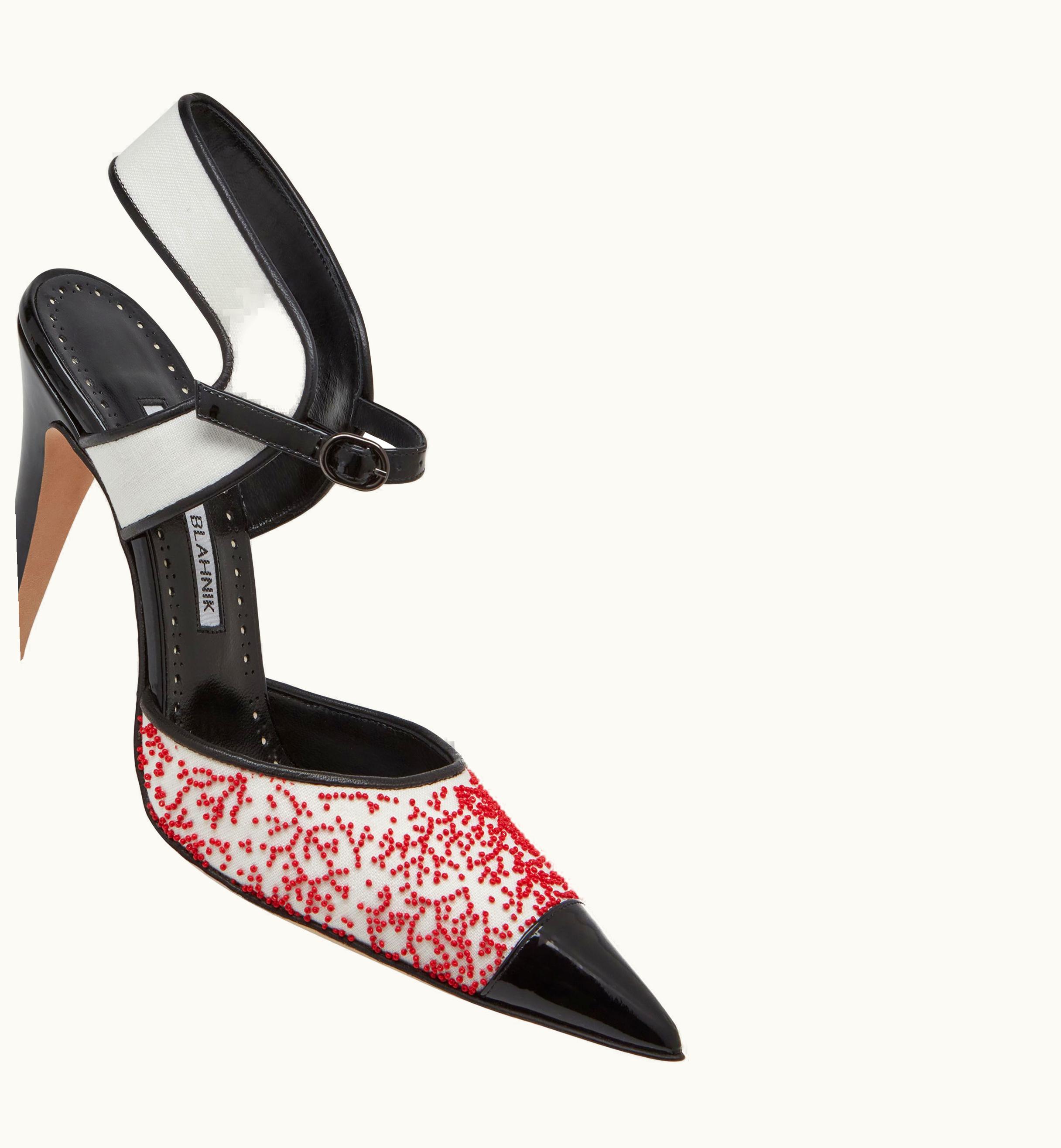 Manolo Blahnik Manolo Blahnik Dodekanisa Black And Cream Linen Ankle Strap Pumps