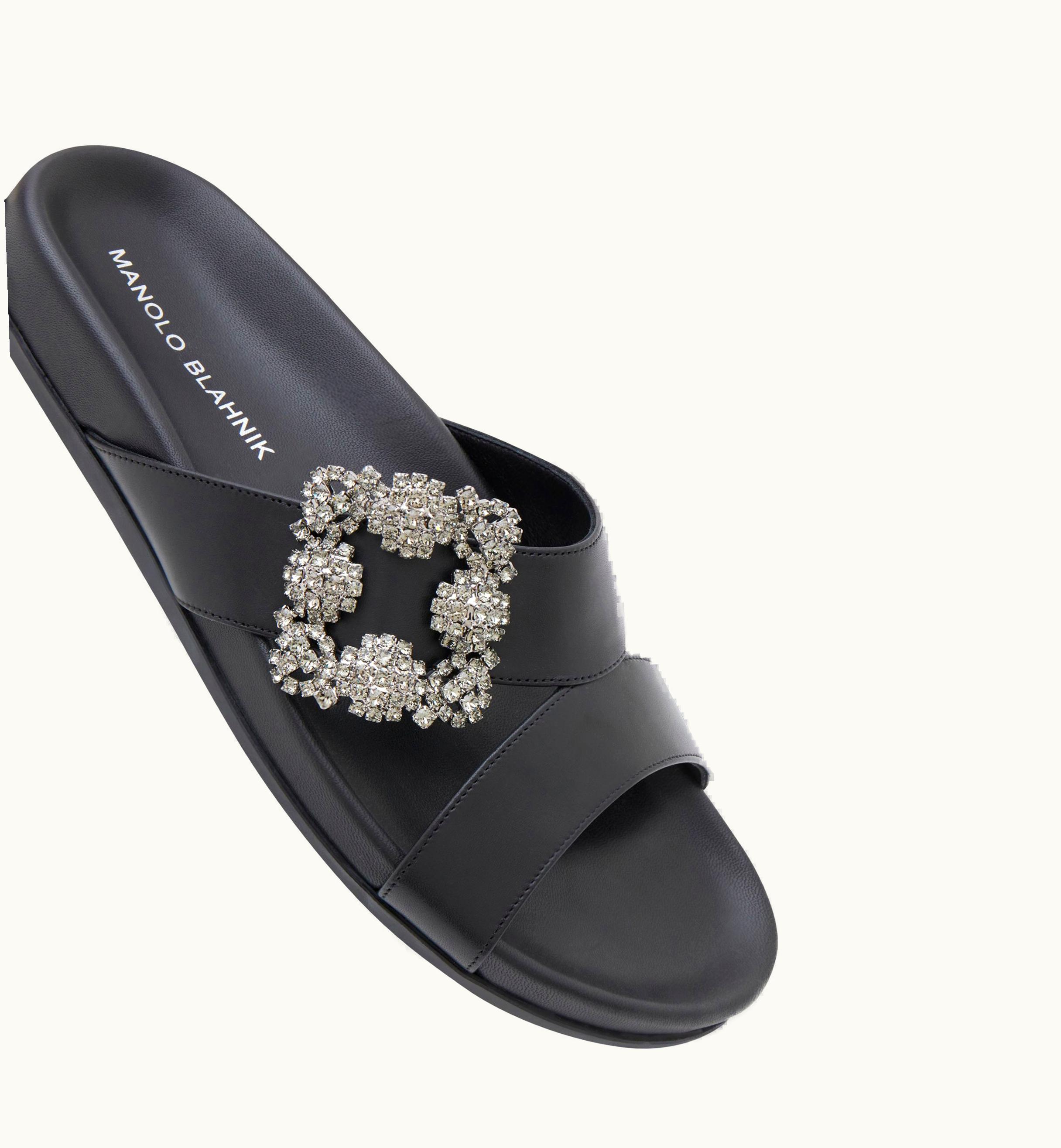 Manolo Blahnik Manolo Blahnik Chilanghi Black Calf Leather Jewel Buckle Flat Mules