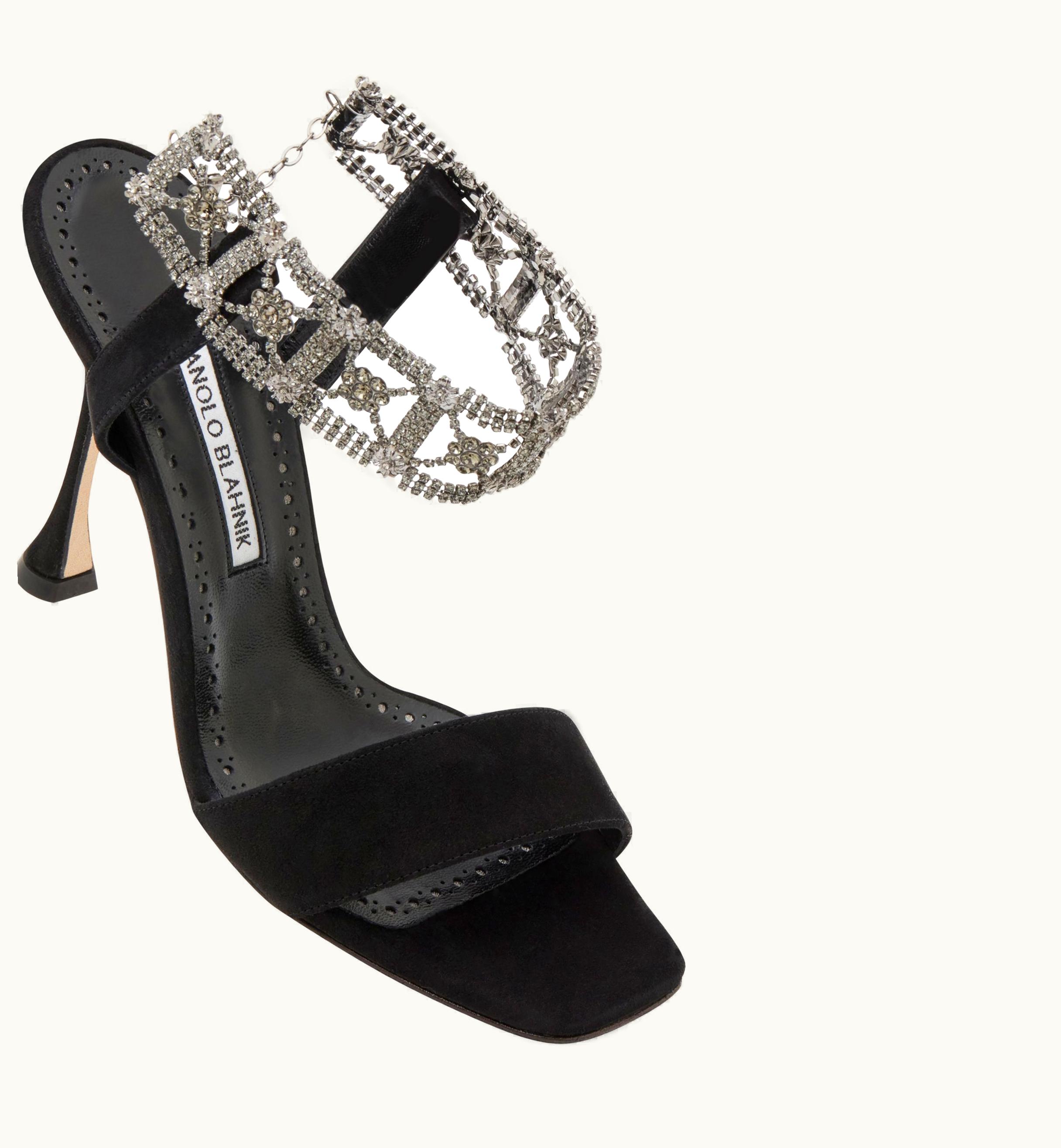 Manolo Blahnik Manolo Blahnik Lierasan Black Suede Embellished Ankle Strap Sandals