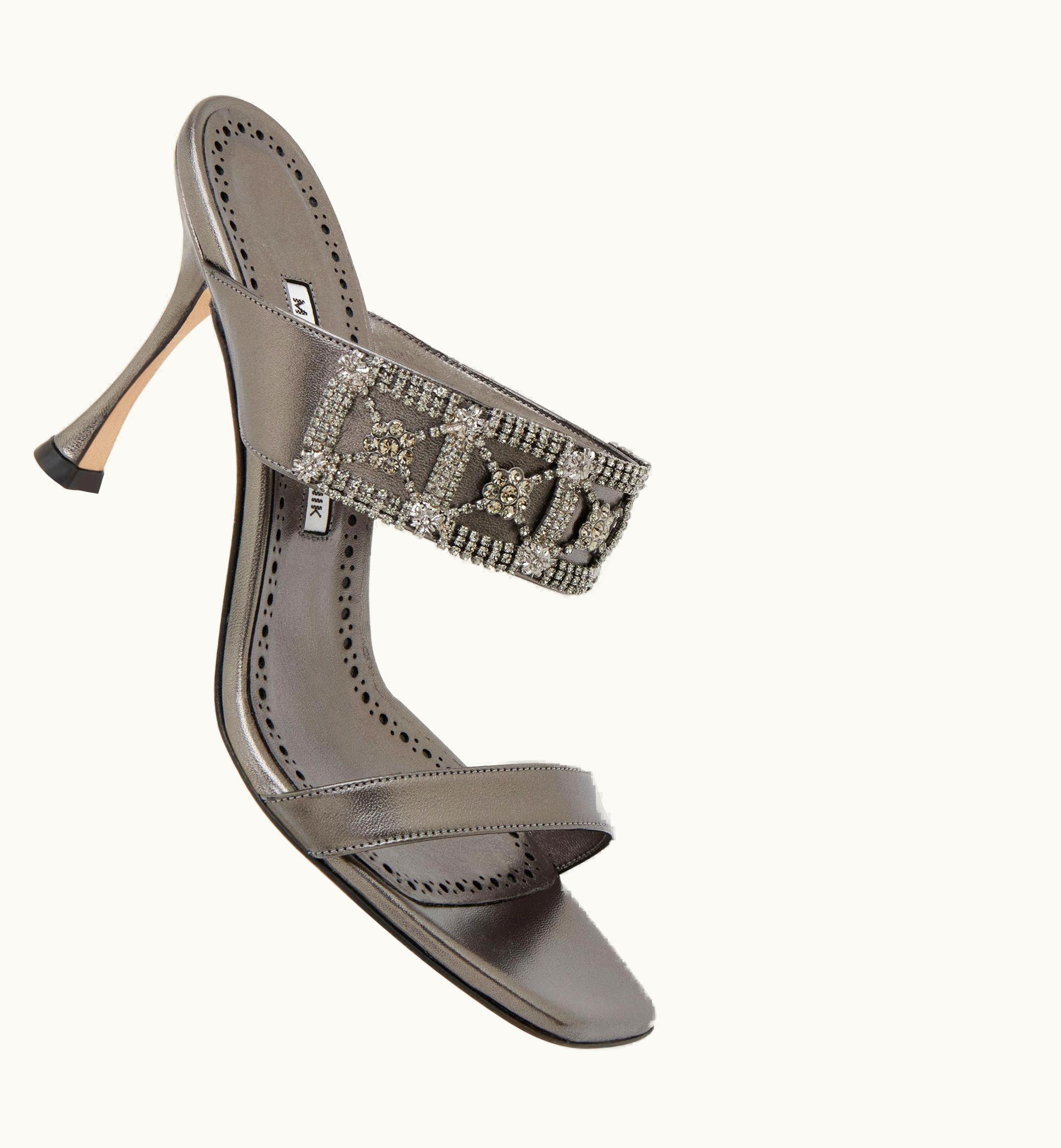 Manolo Blahnik Manolo Blahnik Larapa Grey Nappa Leather Embellished Mules