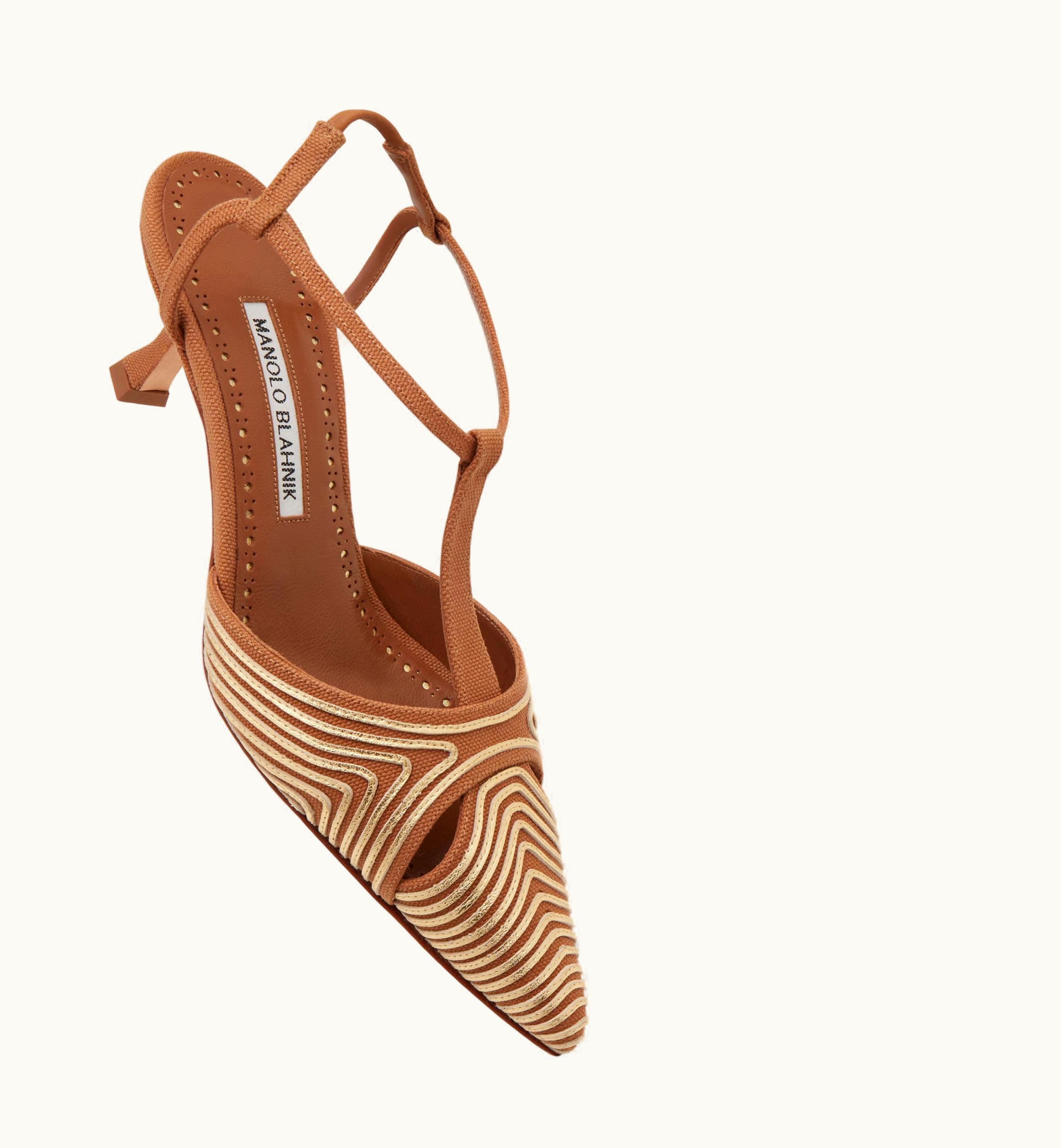 Manolo Blahnik Manolo Blahnik Turgimod Brown Cotton T-Bar Pumps