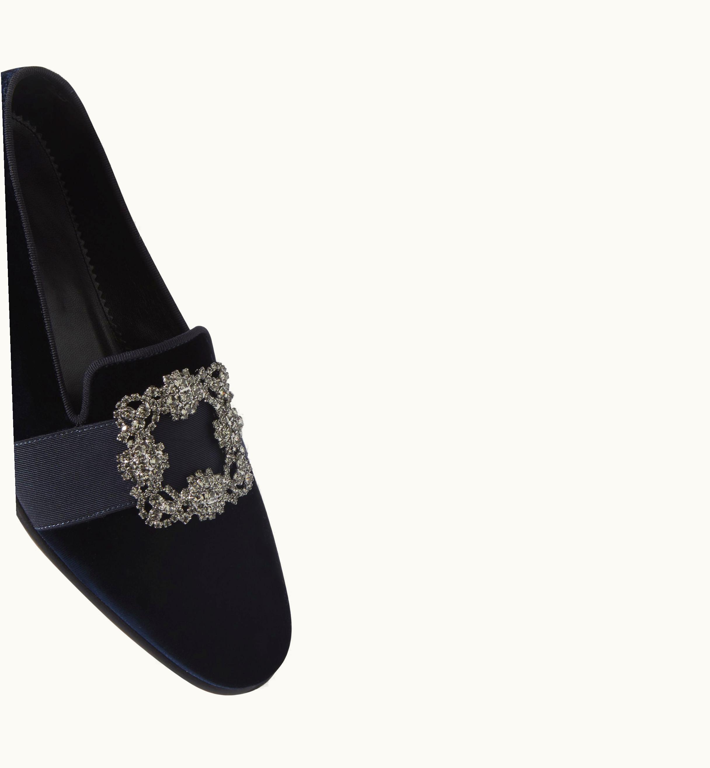 Manolo Blahnik Manolo Blahnik Carlton Navy Blue Velvet Jewelled Buckle Loafers