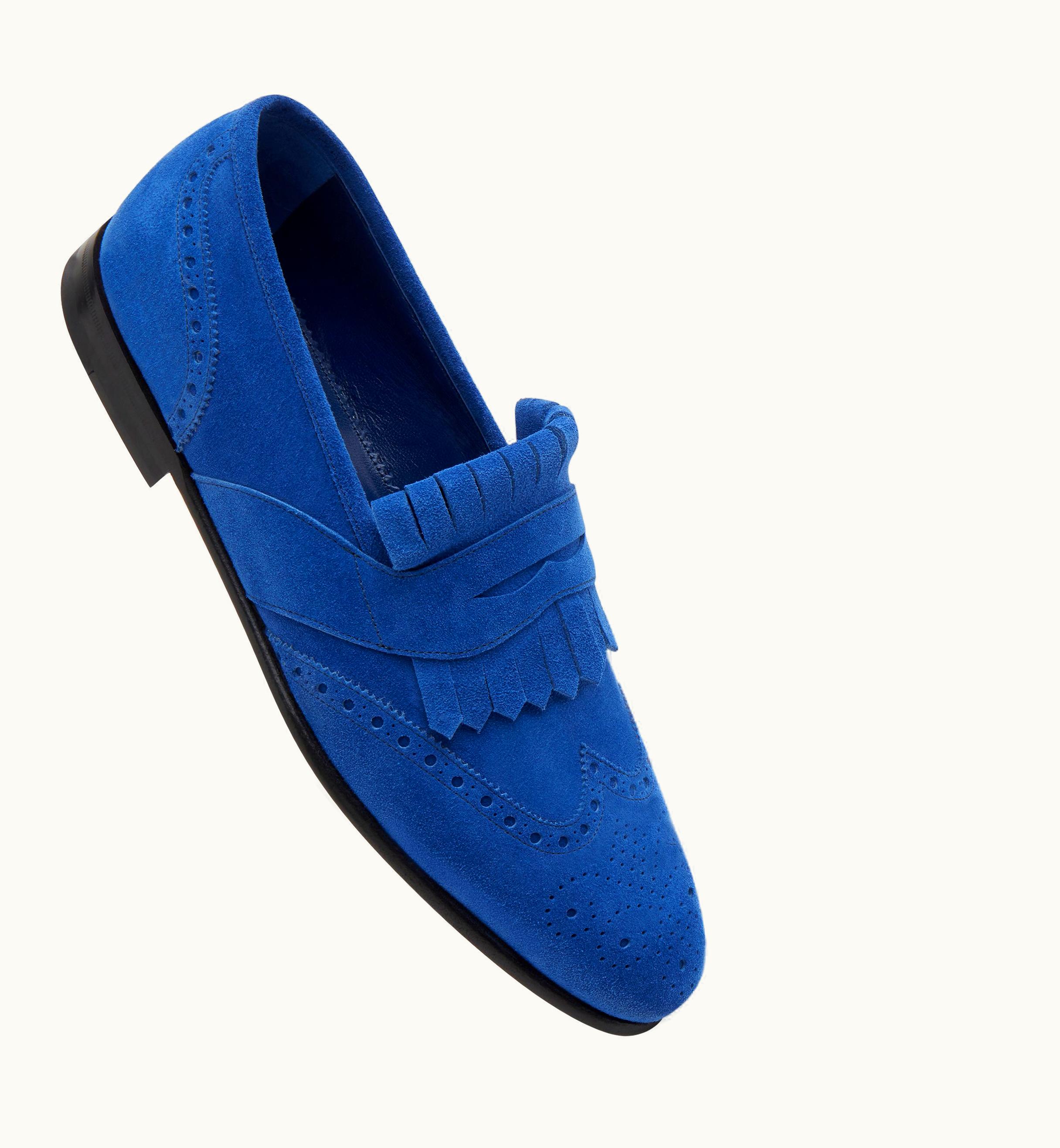 Manolo Blahnik Agasio Bright Blue Suede Kiltie Loafers
