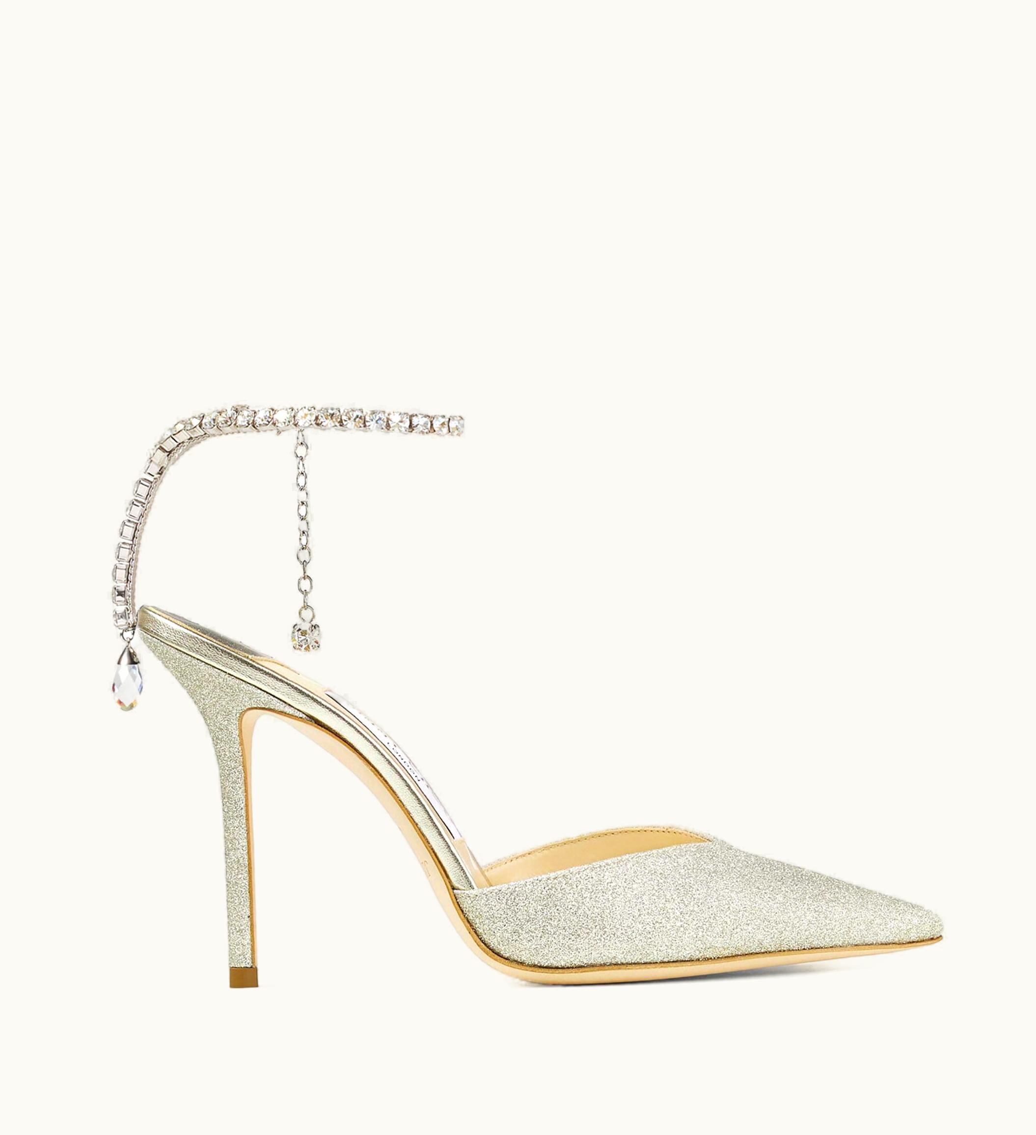 Jimmy Choo Saeda 100 Platinum Ice Dusty Glitter Pumps With Crystal Embellishment