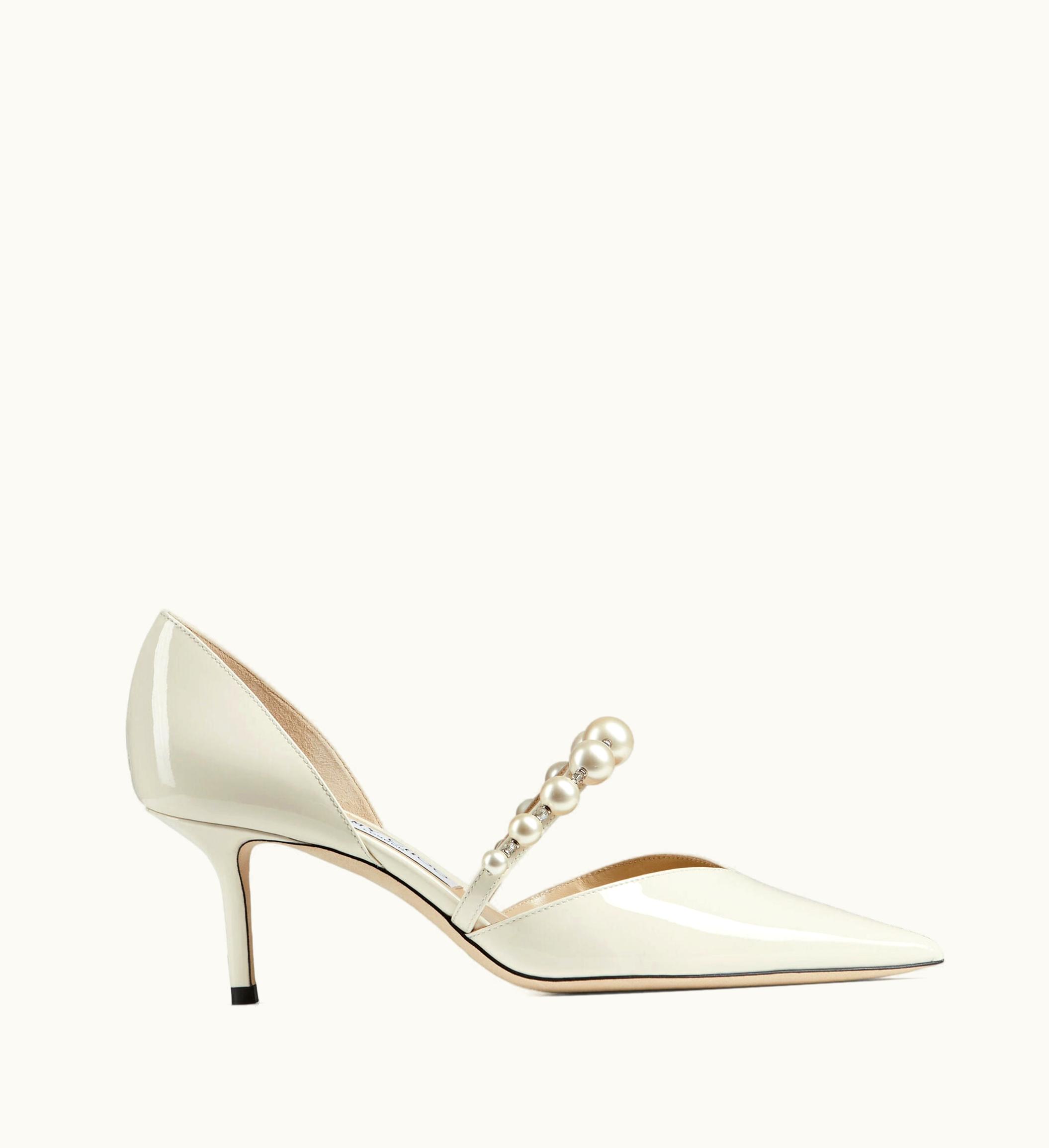 Jimmy Choo Aurelie 65 Latte Patent Leather Pointed Pumps With Pearl Embellishment