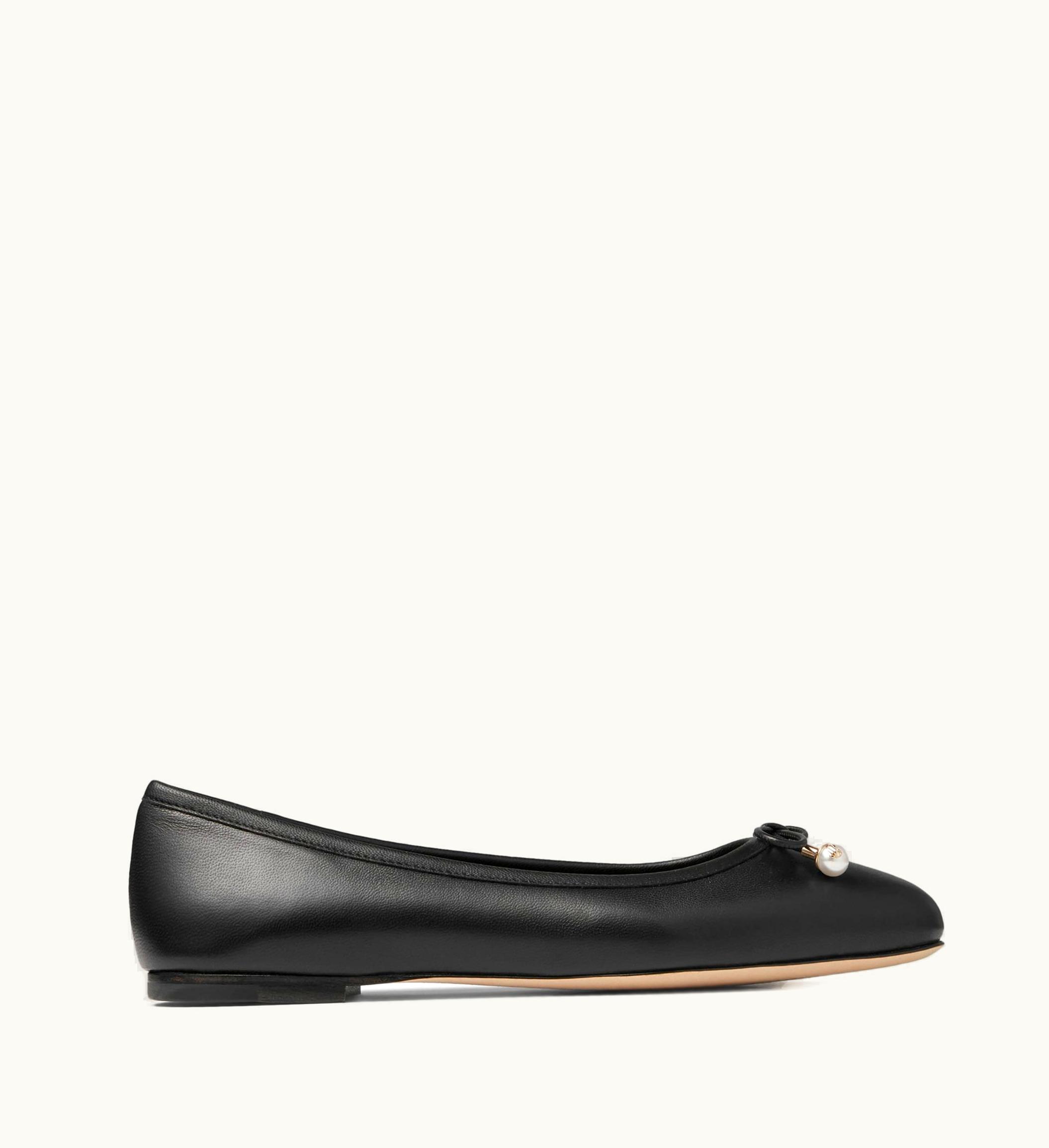 Jimmy Choo Elme Flat Black Nappa Leather Flats With Pearl Embellishment