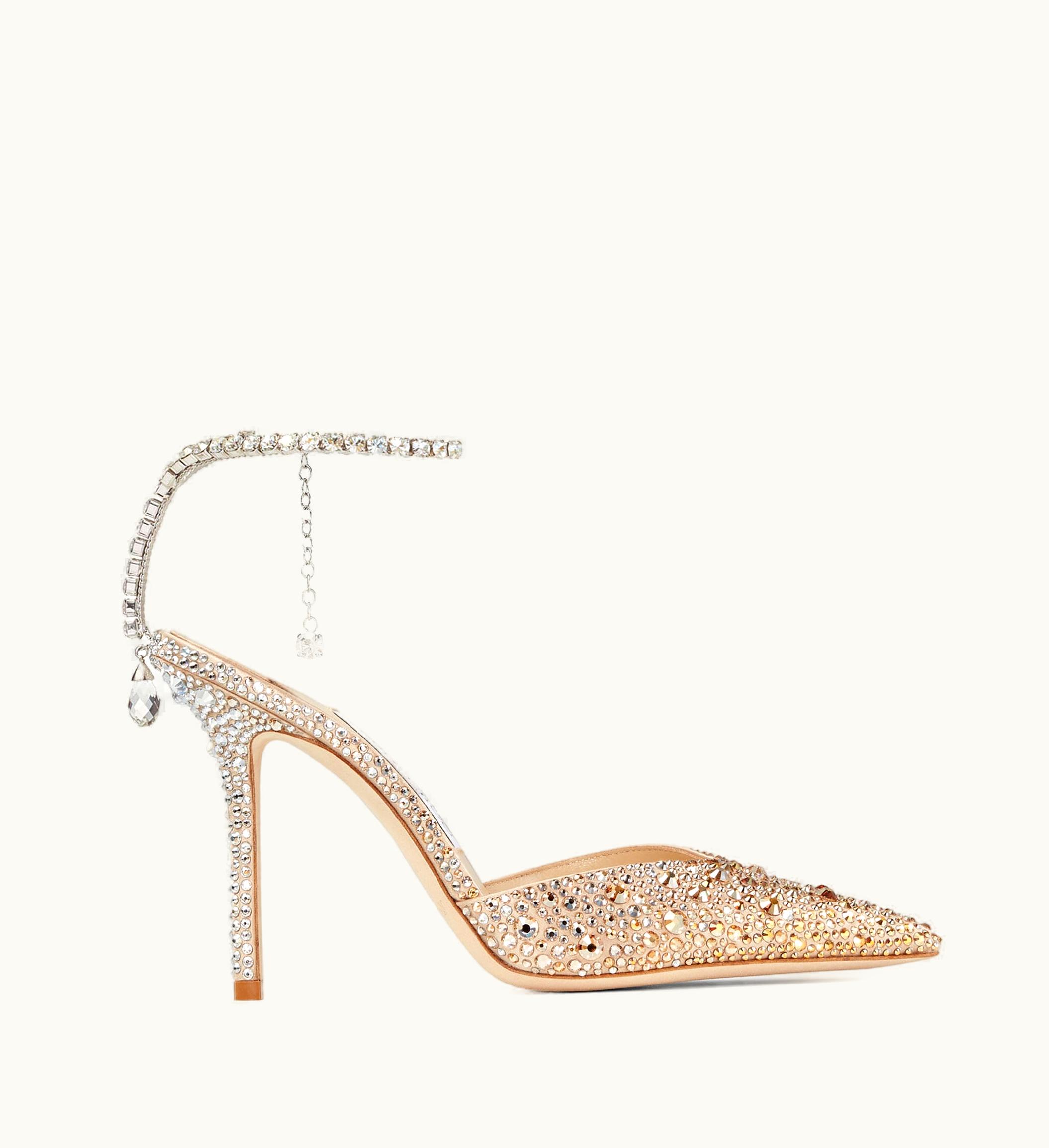 Jimmy Choo Saeda 100 Gold Satin Pumps With Crystals
