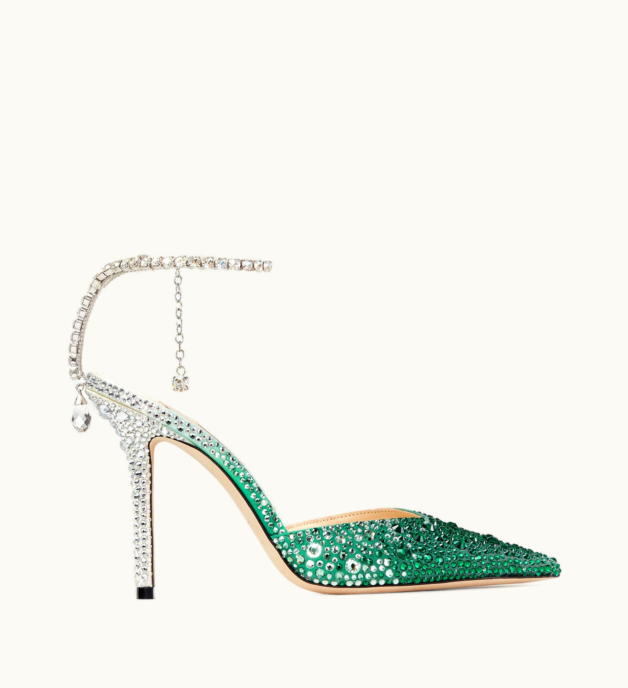 Jimmy Choo Saeda 100 Emerald Satin Pumps With Crystals