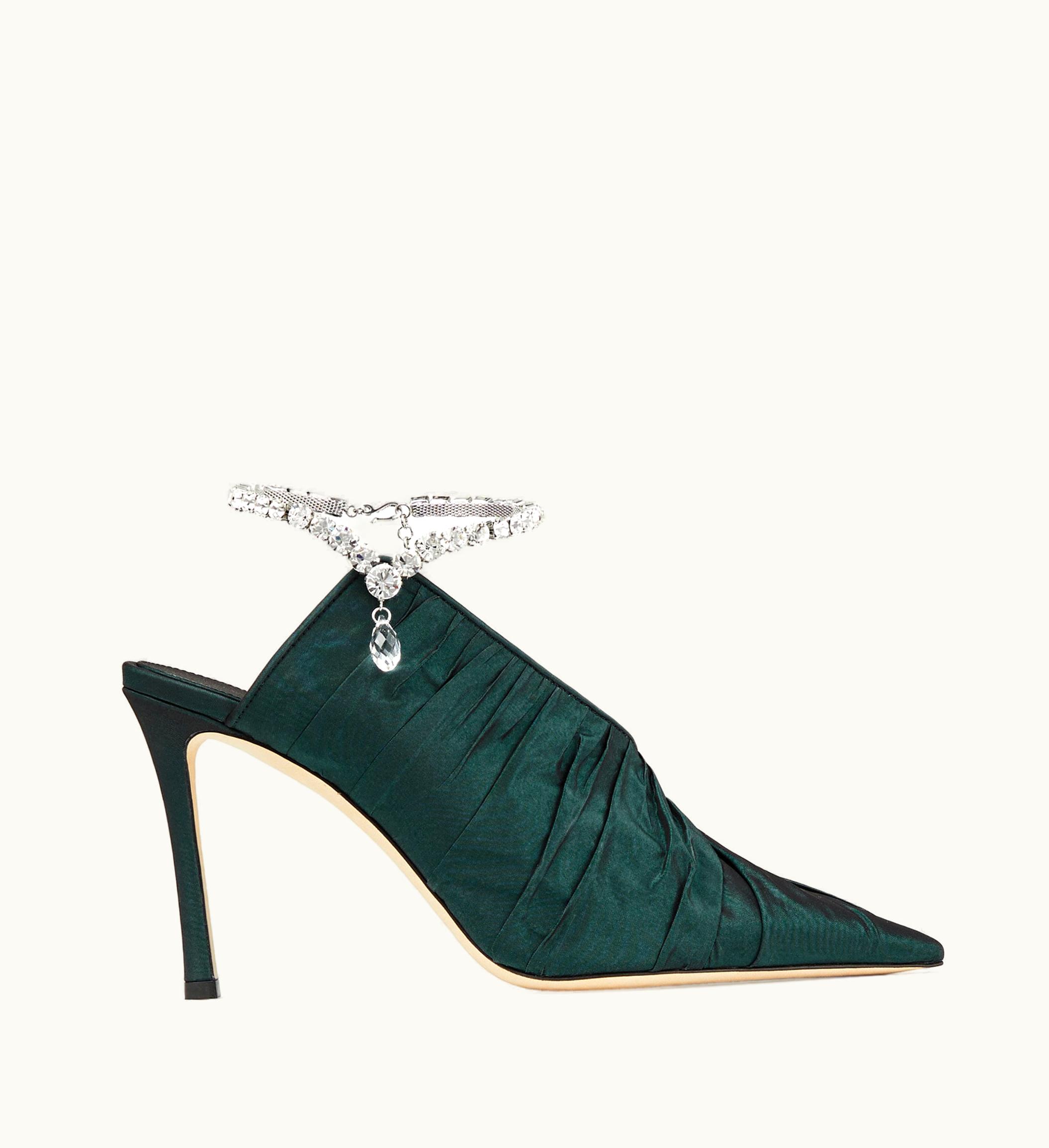 Jimmy Choo Sadia 95 Dark Green Taffeta Pumps With Crystal Anklet