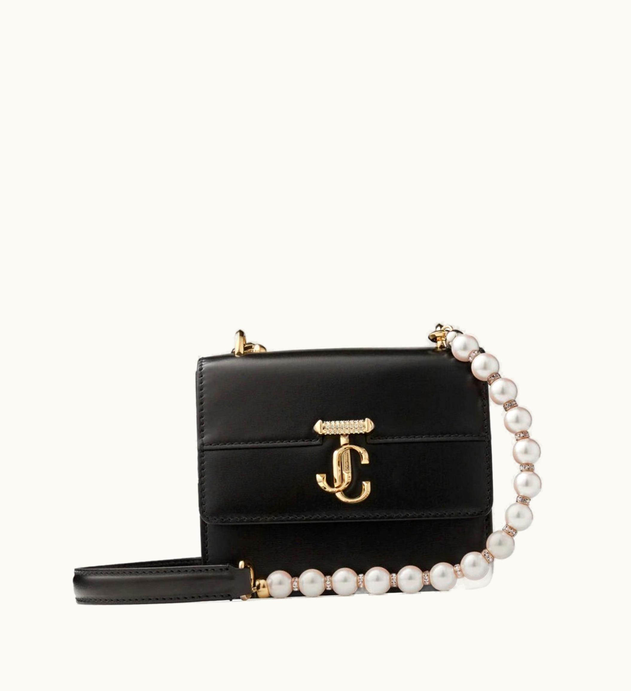 Jimmy Choo Avenue Quad XS Black Leather Shoulder Bag With Pearl Strap