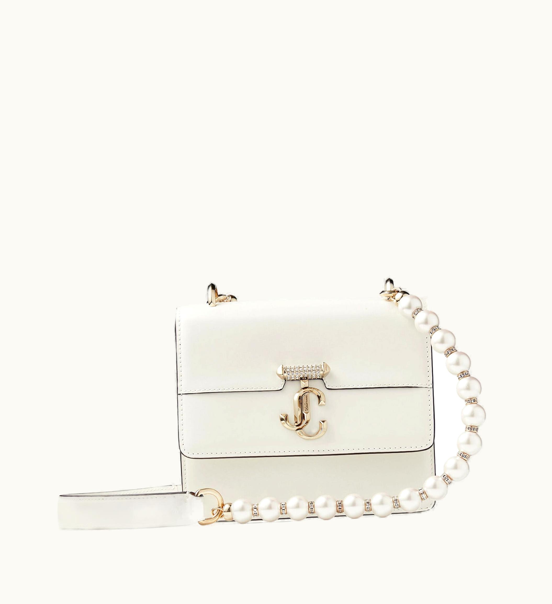 Jimmy Choo Avenue Quad XS Latte Leather Shoulder Bag With Pearl Strap