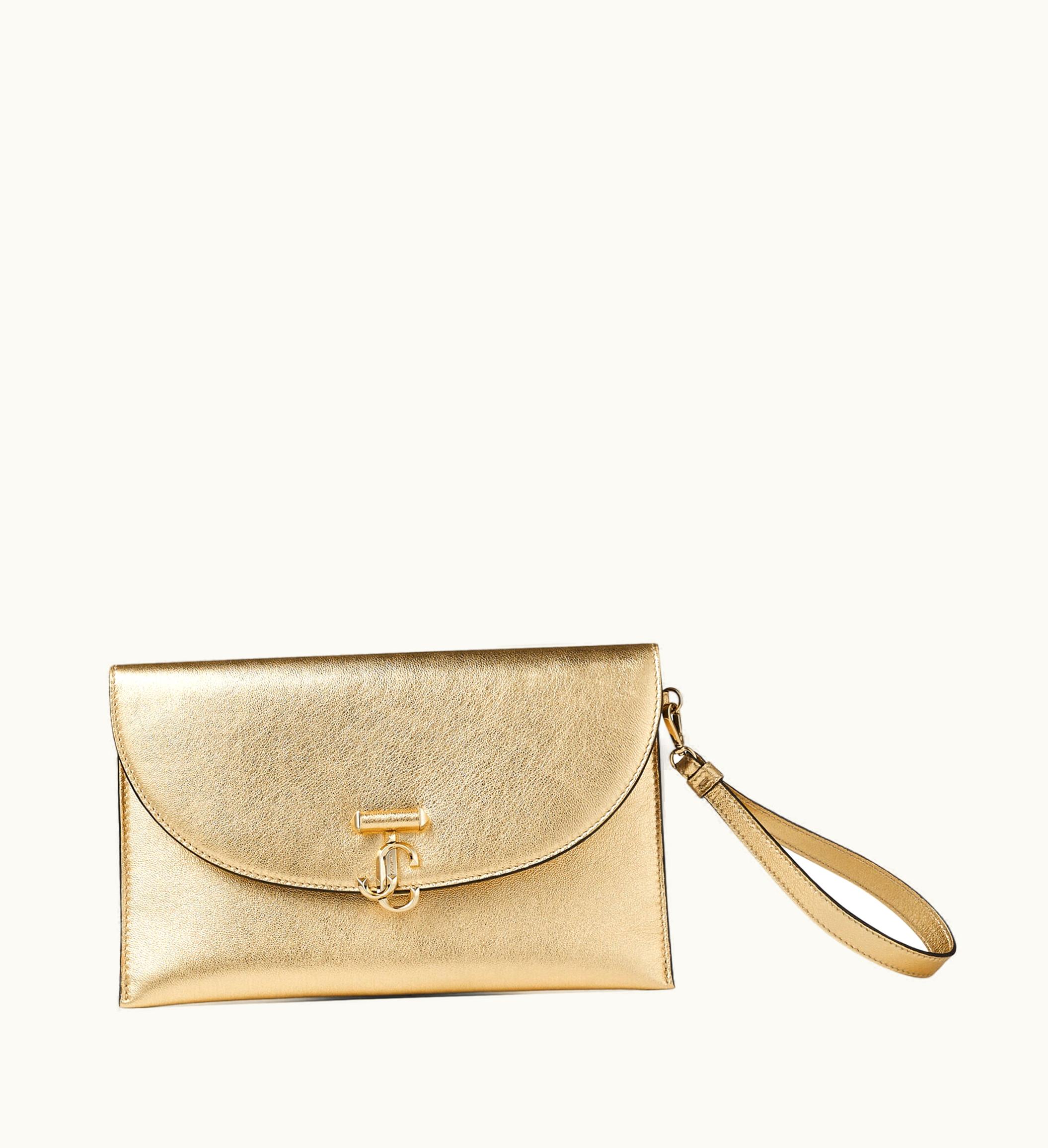 Jimmy Choo Jc Envelope Pouch Gold Metallic Nappa Pouch With Jc Emblem