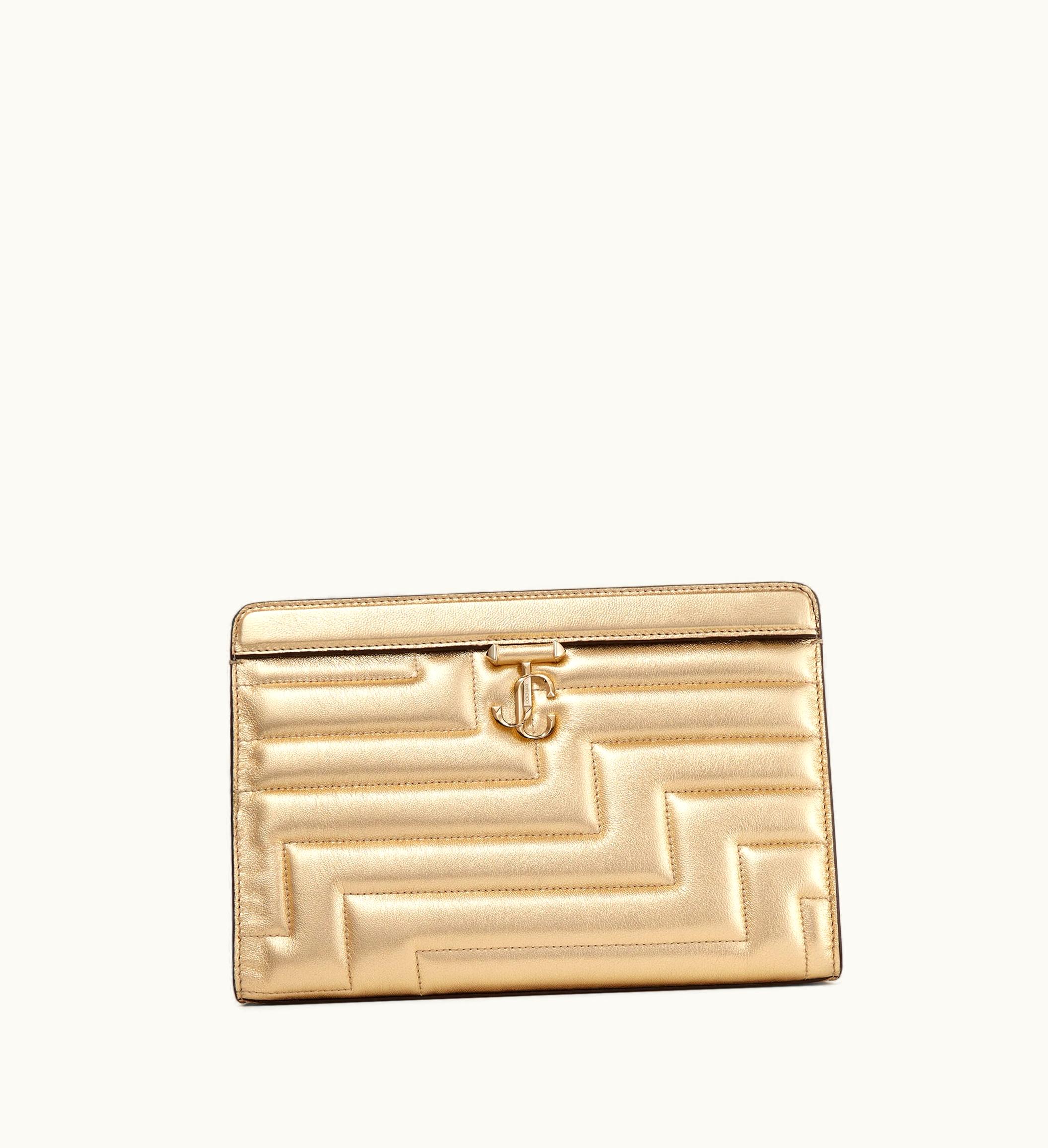 Jimmy Choo Avenue Pouch Gold Quilted Metallic Nappa Leather Pouch Bag With Light Gold Jc Emblem