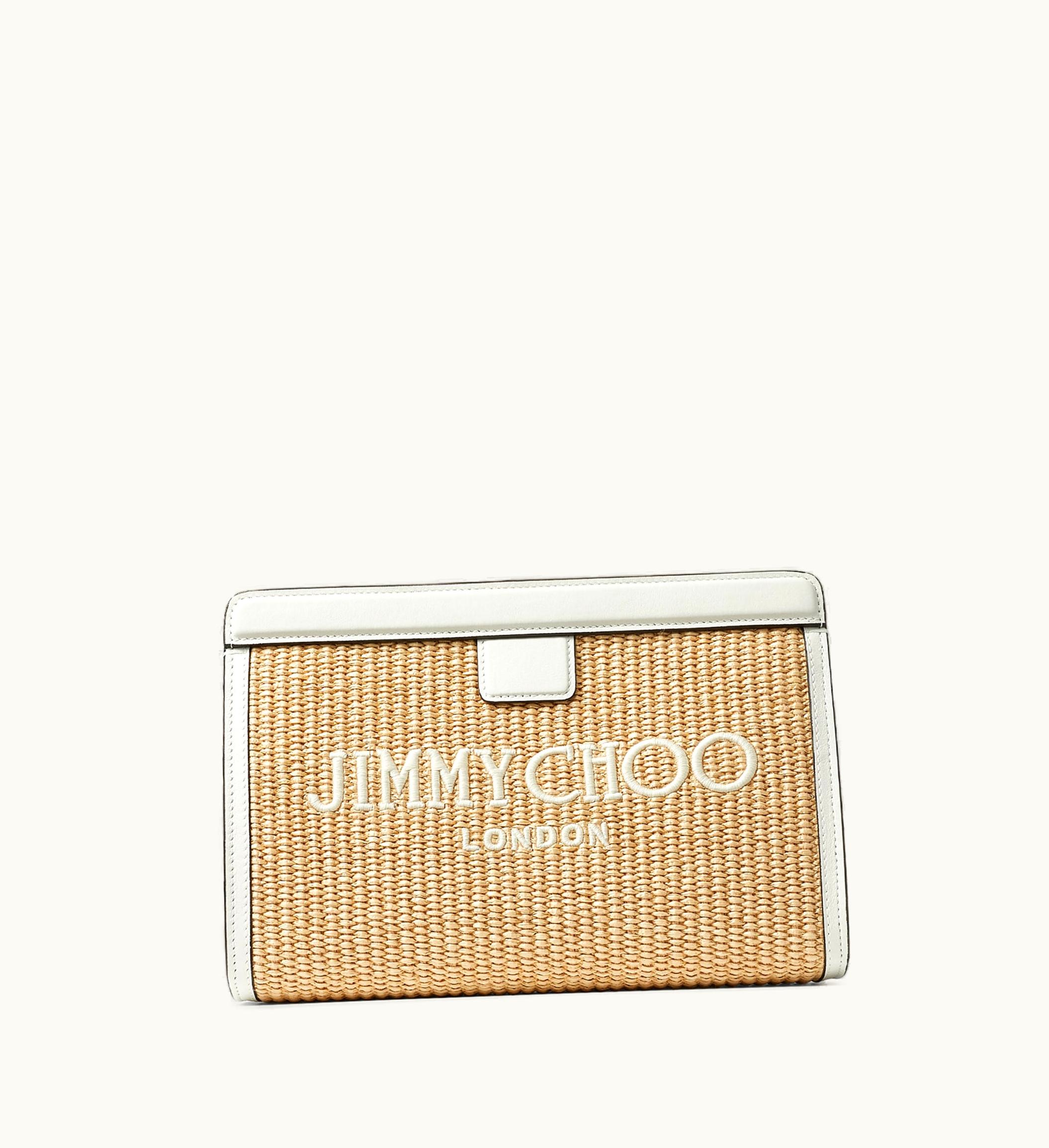 Jimmy Choo Avenue Pouch Natural / Latte Embroidered Raffia And Leather Pouch