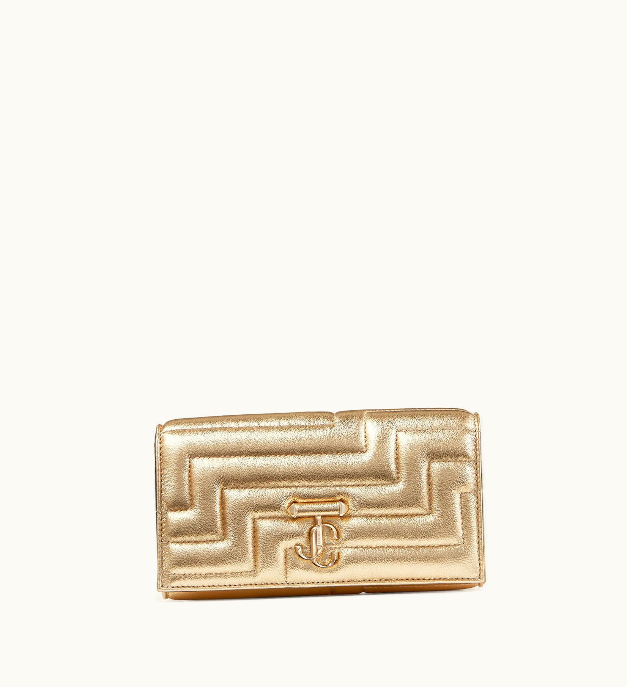 Jimmy Choo Avenue Wallet W / Chain Gold Quilted Metallic Nappa Wallet With Crystal Bar