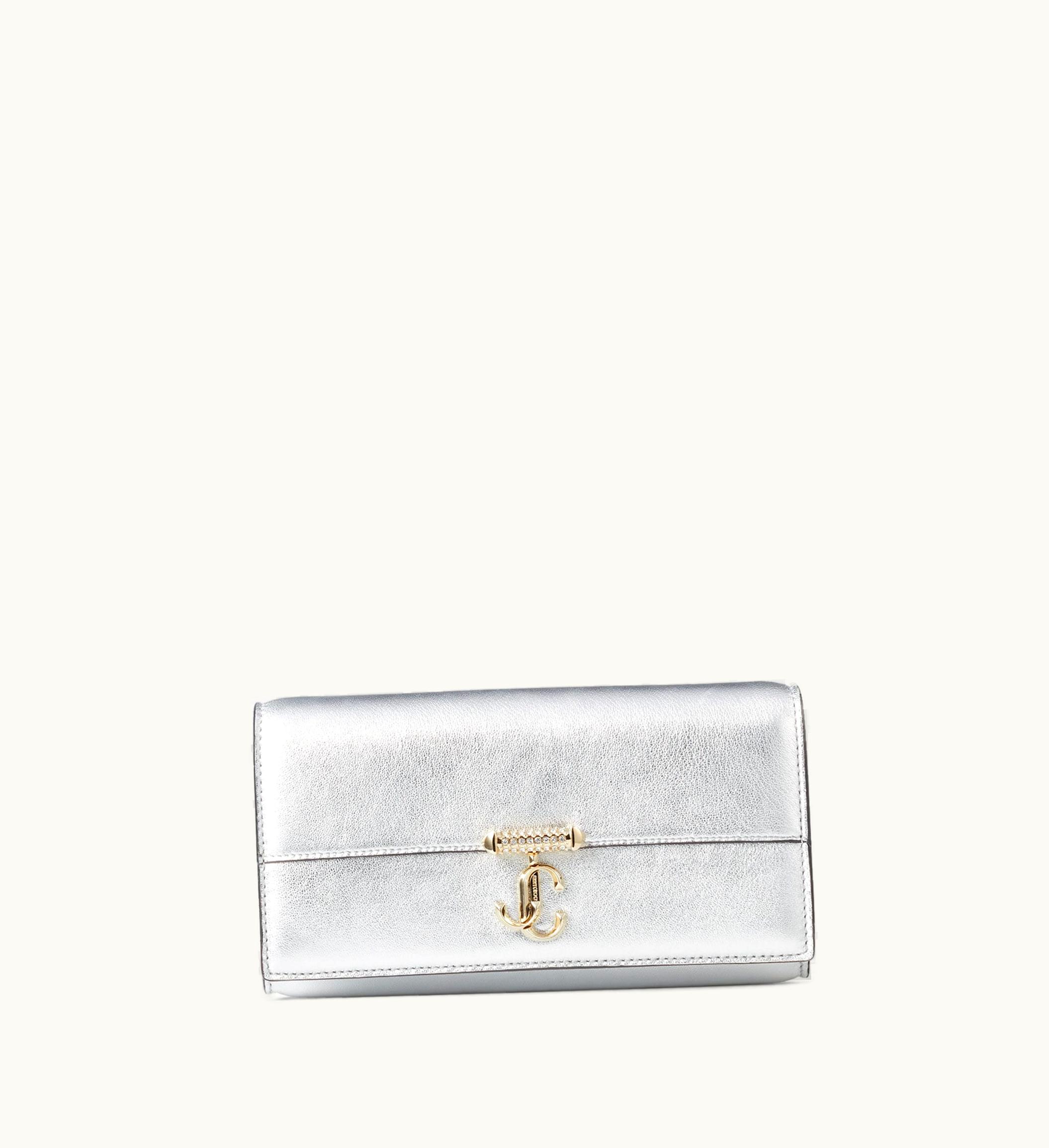 Jimmy Choo Avenue Wallet Silver Metallic Nappa Leather Wallet With Pearl Strap