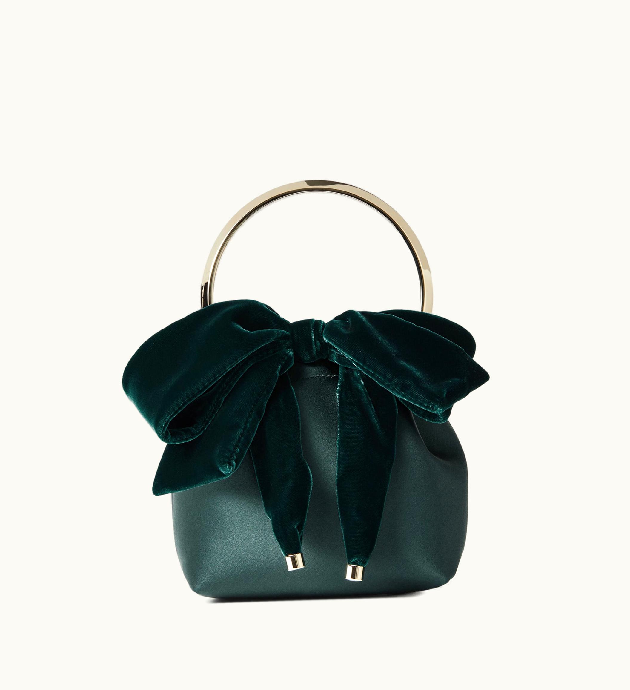 Jimmy Choo Jimmy Choo Bon Bon Dark Green Satin Bucket Bag With Velvet Bow