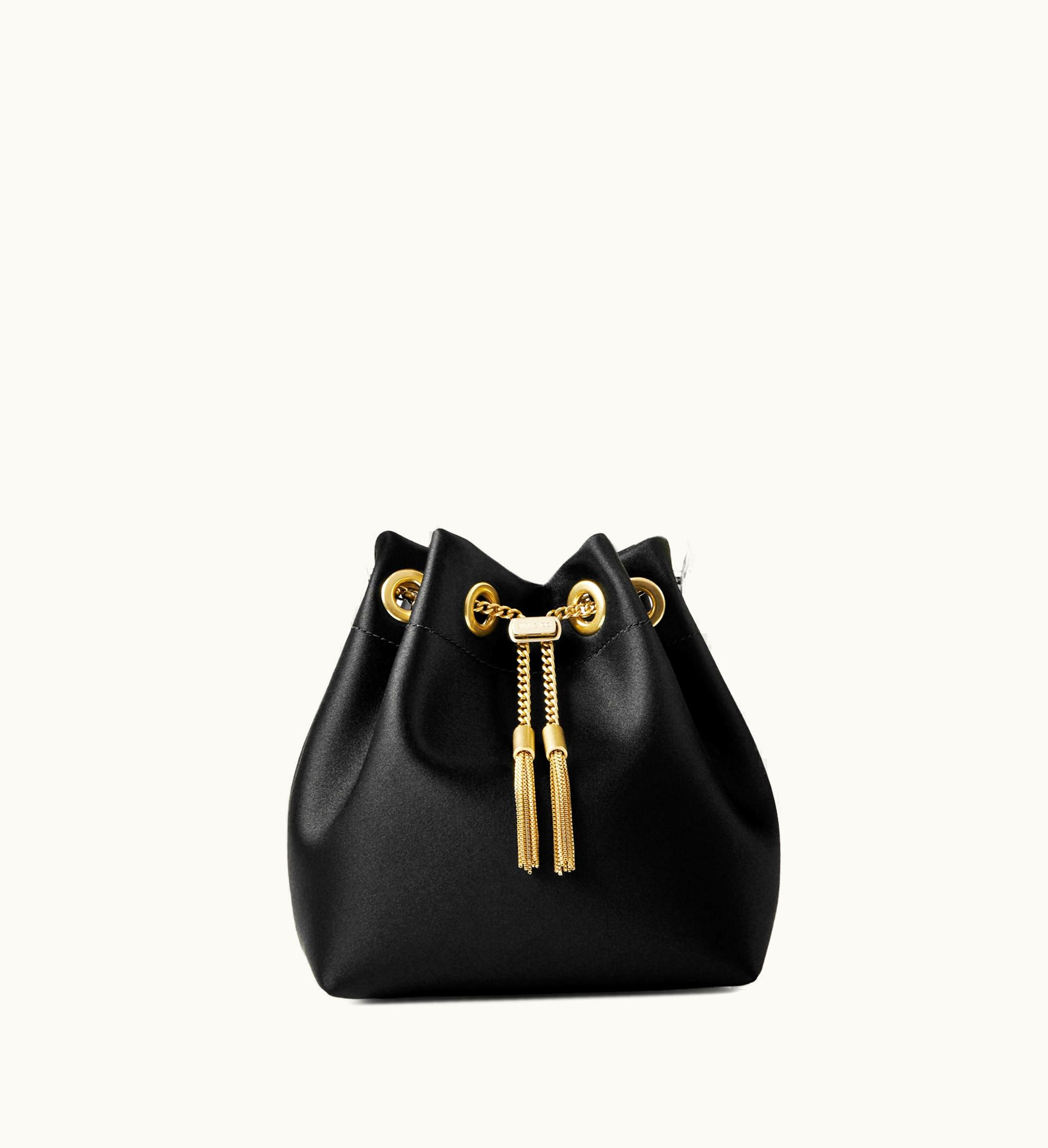 Jimmy Choo Jimmy Choo Bon Bon Black Satin Bucket Bag With Metal Flowers