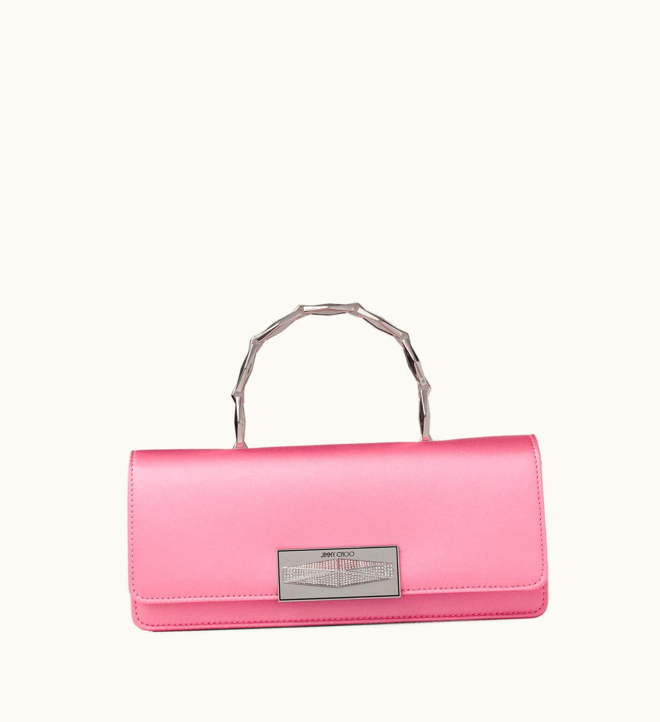 Jimmy Choo Jimmy Choo Diamond Chain Top Handle Candy Pink Satin Top Handle Bag With Diamond Pave Lock