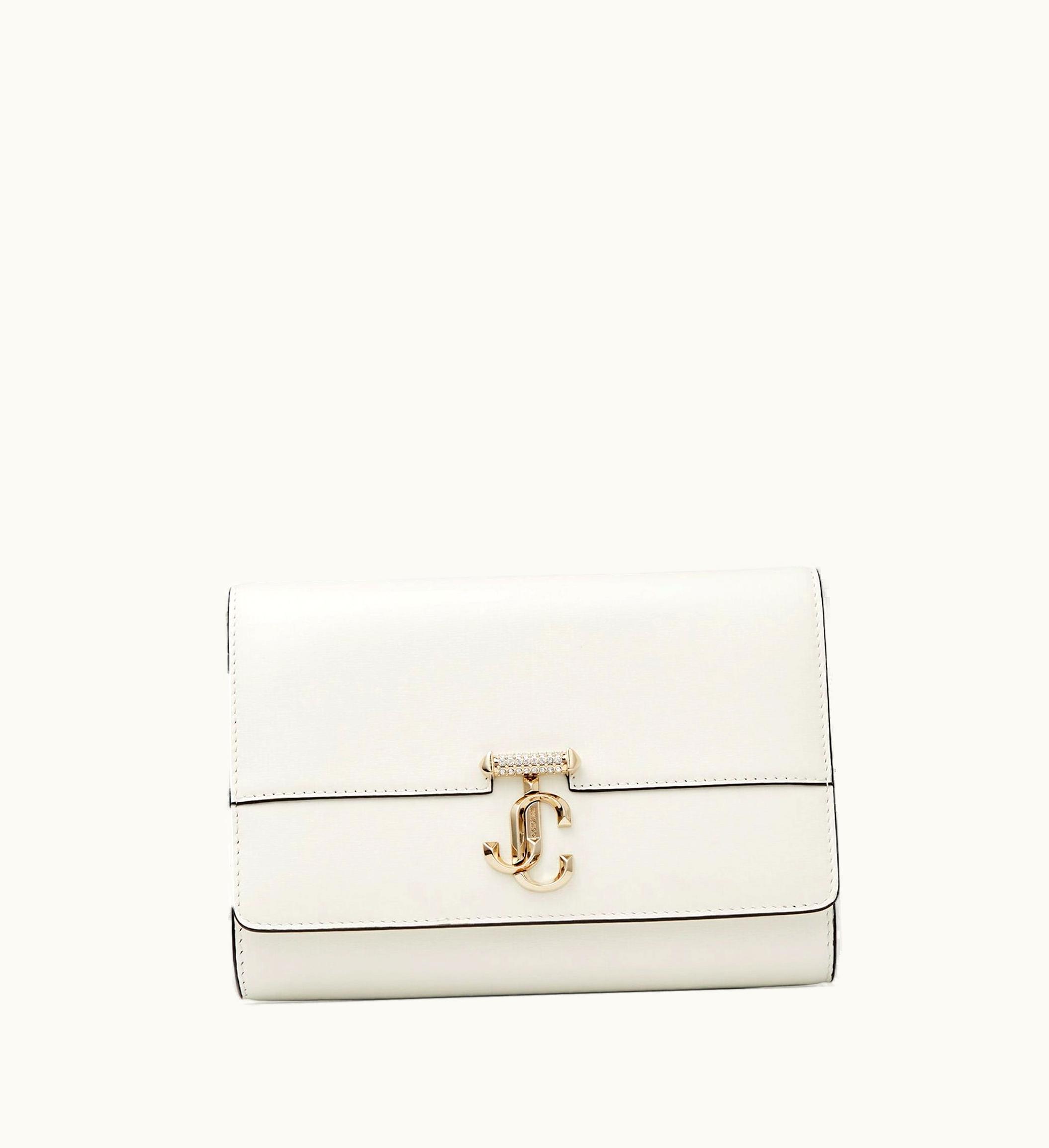 Jimmy Choo Jimmy Choo Avenue Clutch Latte Leather Clutch Bag With Crystal-Embellished Gold Jc Emblem