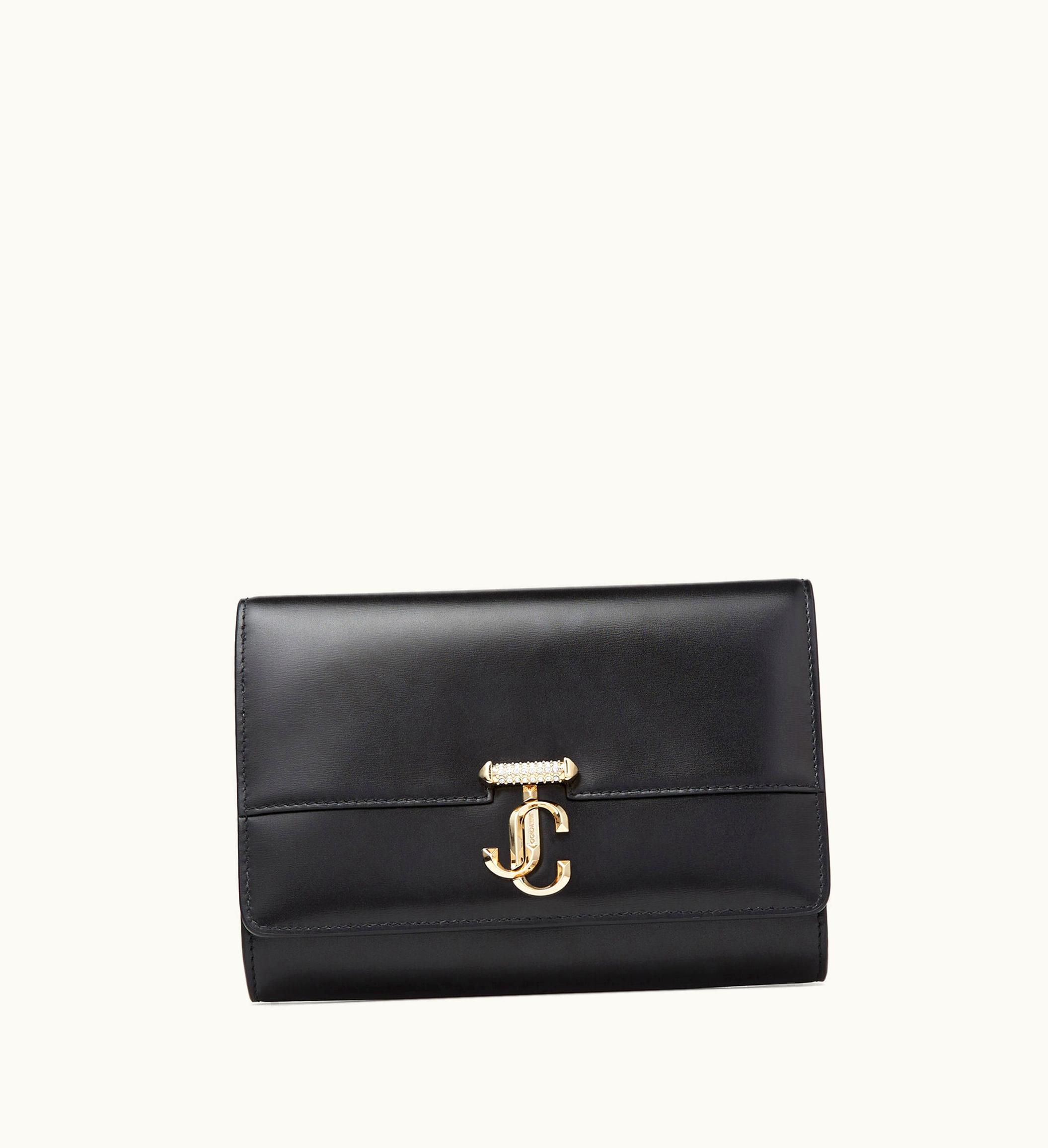 Jimmy Choo Jimmy Choo Avenue Clutch Black Leather Clutch Bag With Crystal Bar And Gold Jc Emblem
