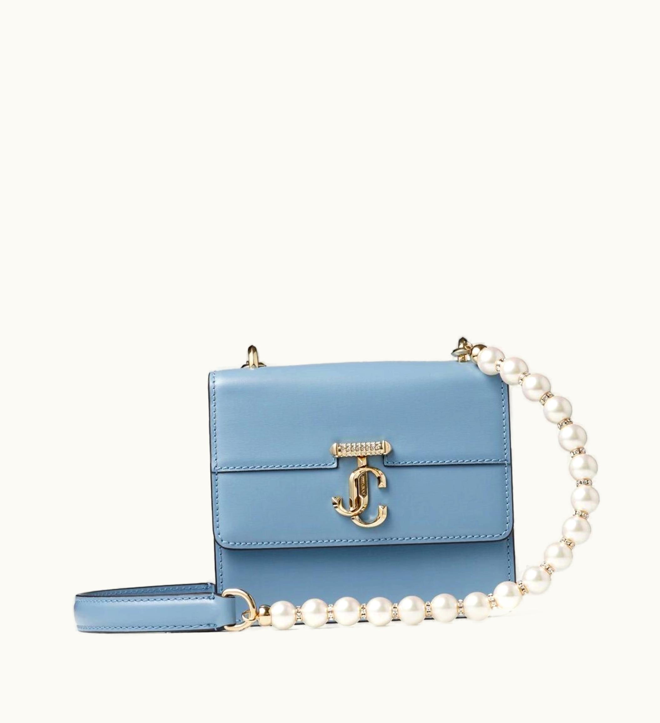 Jimmy Choo Jimmy Choo Avenue Quad XS Smoky Blue Box Leather Shoulder Bag With Pearl Strap