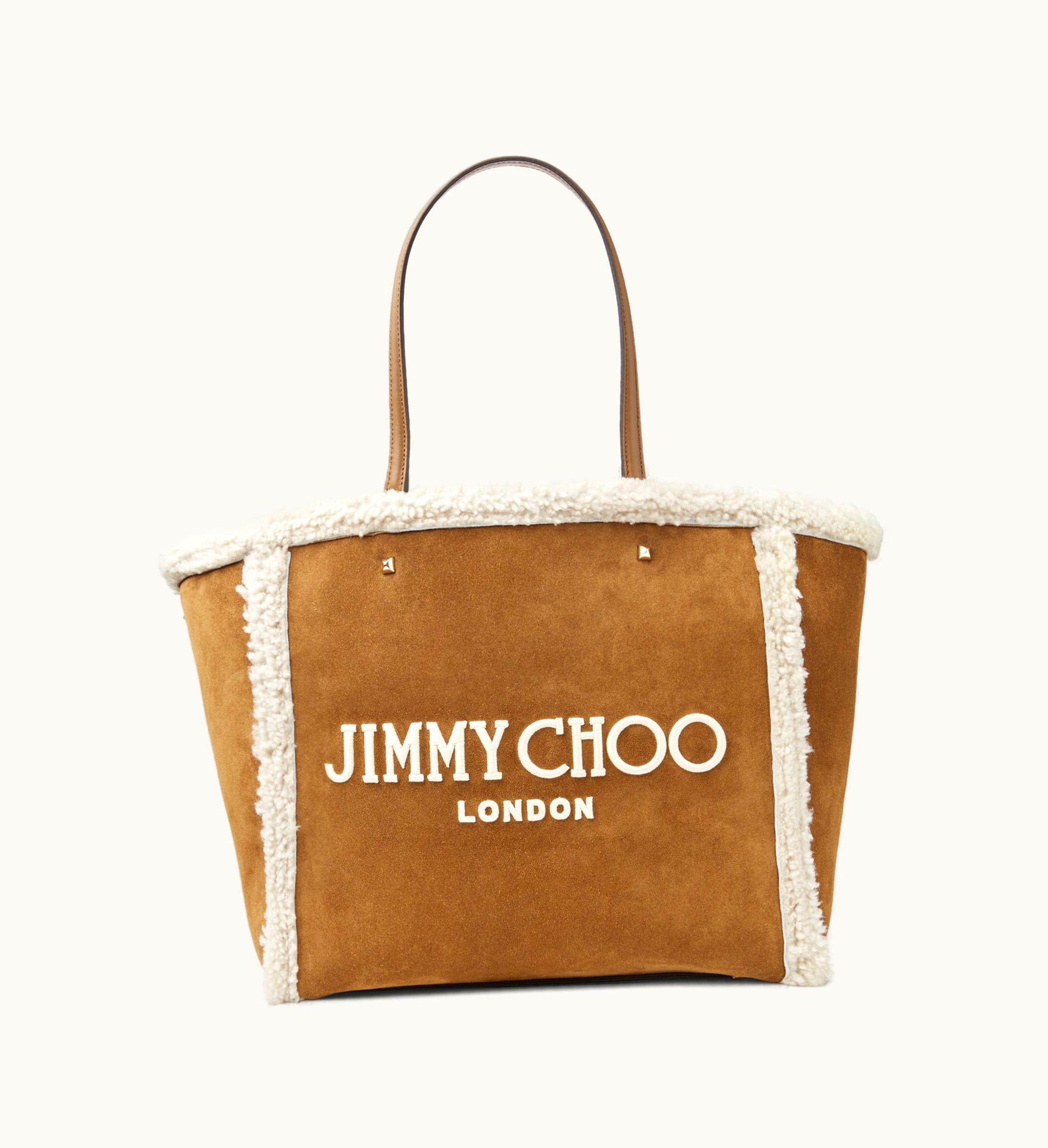 Jimmy Choo Avenue Tote Bag Khaki Brown Suede And Shearling Tote Bag With Jimmy Choo Embroidery