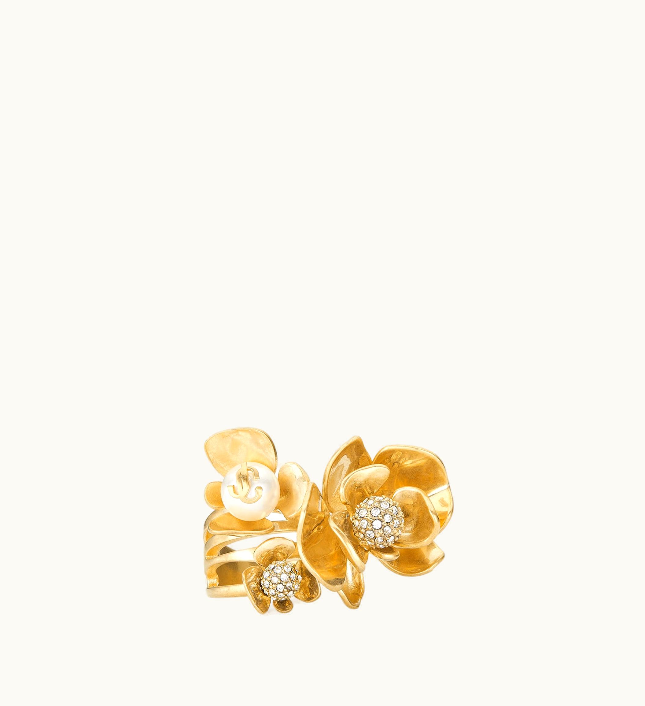 Jimmy Choo Jimmy Choo Petal Ring Gold-Finish Ring With Crystal And Pearl Embellishment