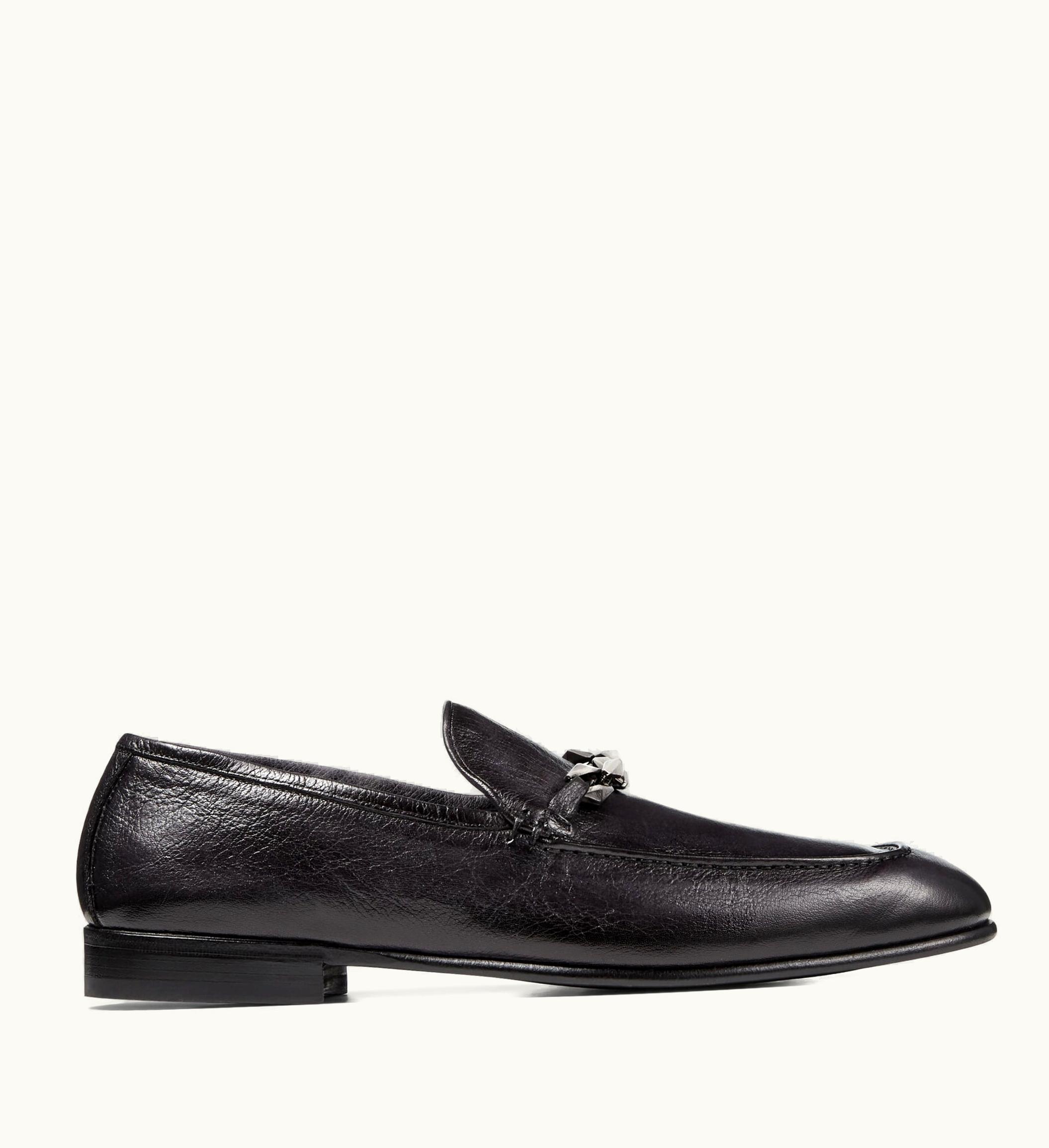 Jimmy Choo Jimmy Choo Marti Reverse Black Buffalo Leather Loafers With Chain Embellishment