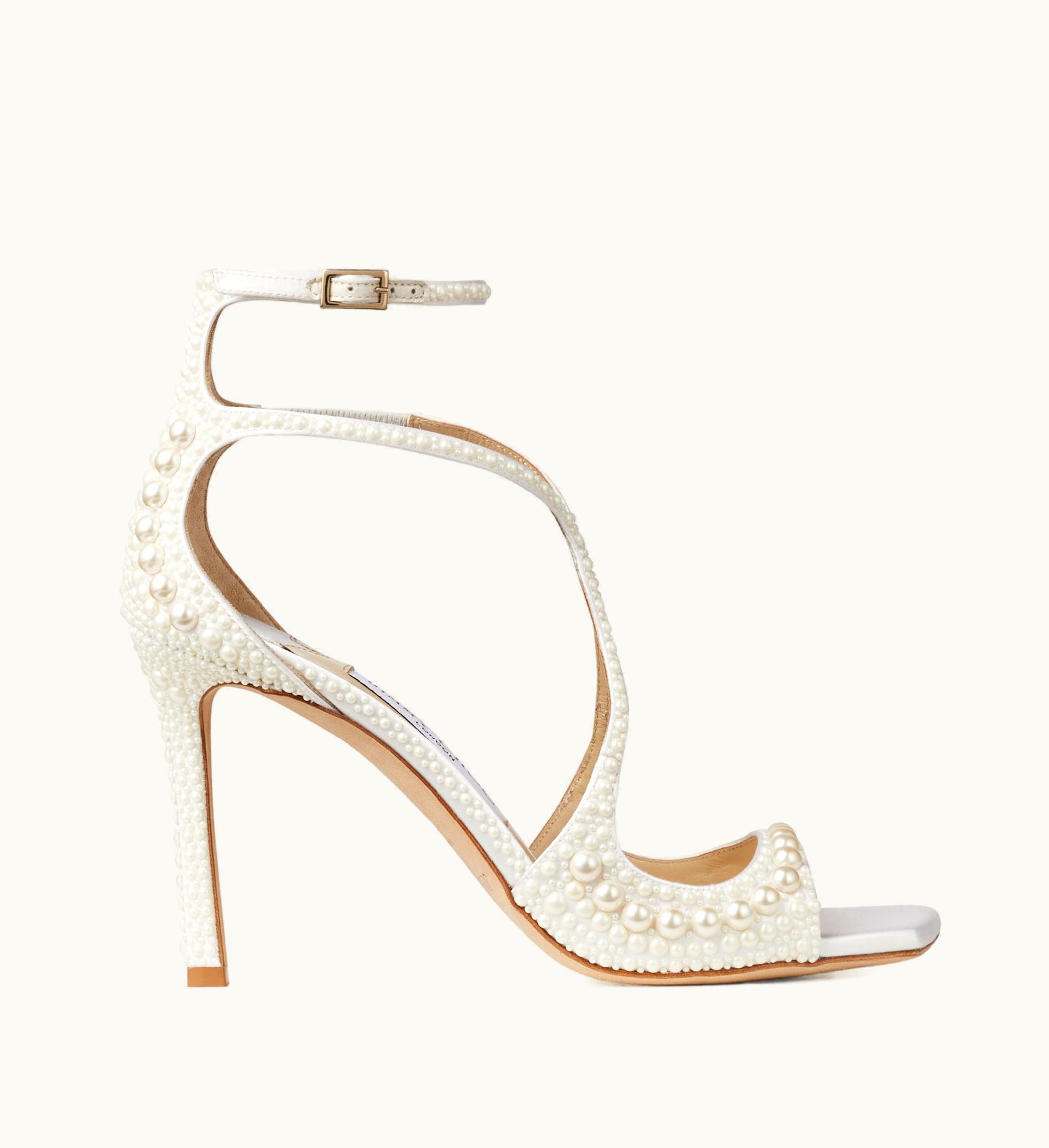 Jimmy Choo Jimmy Choo Azia 95 White Satin Sandals With All-Over Pearls