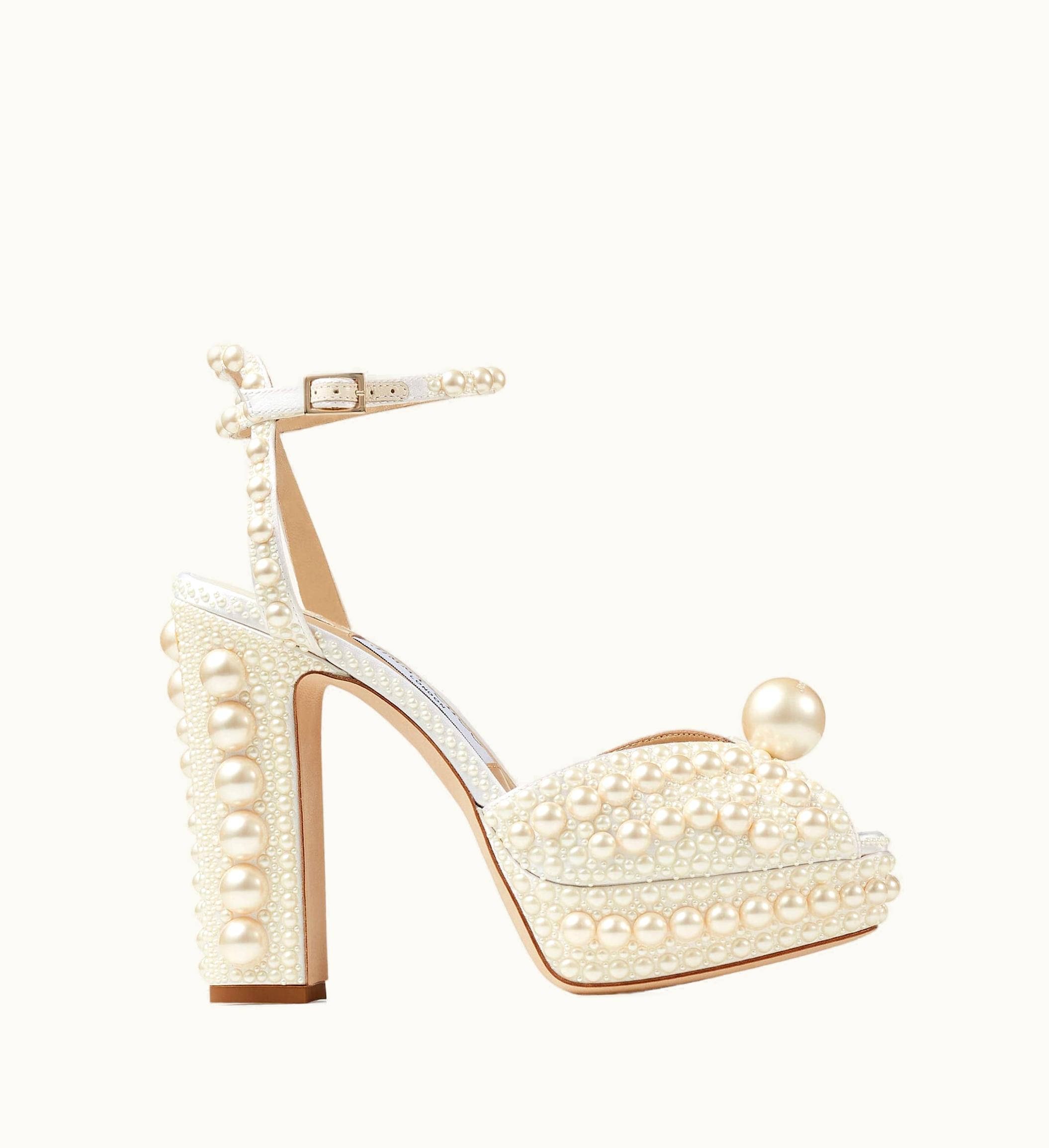 Jimmy Choo Jimmy Choo Sacaria Platform 120 White Satin Platform Sandals With All-Over Pearl Embellishment