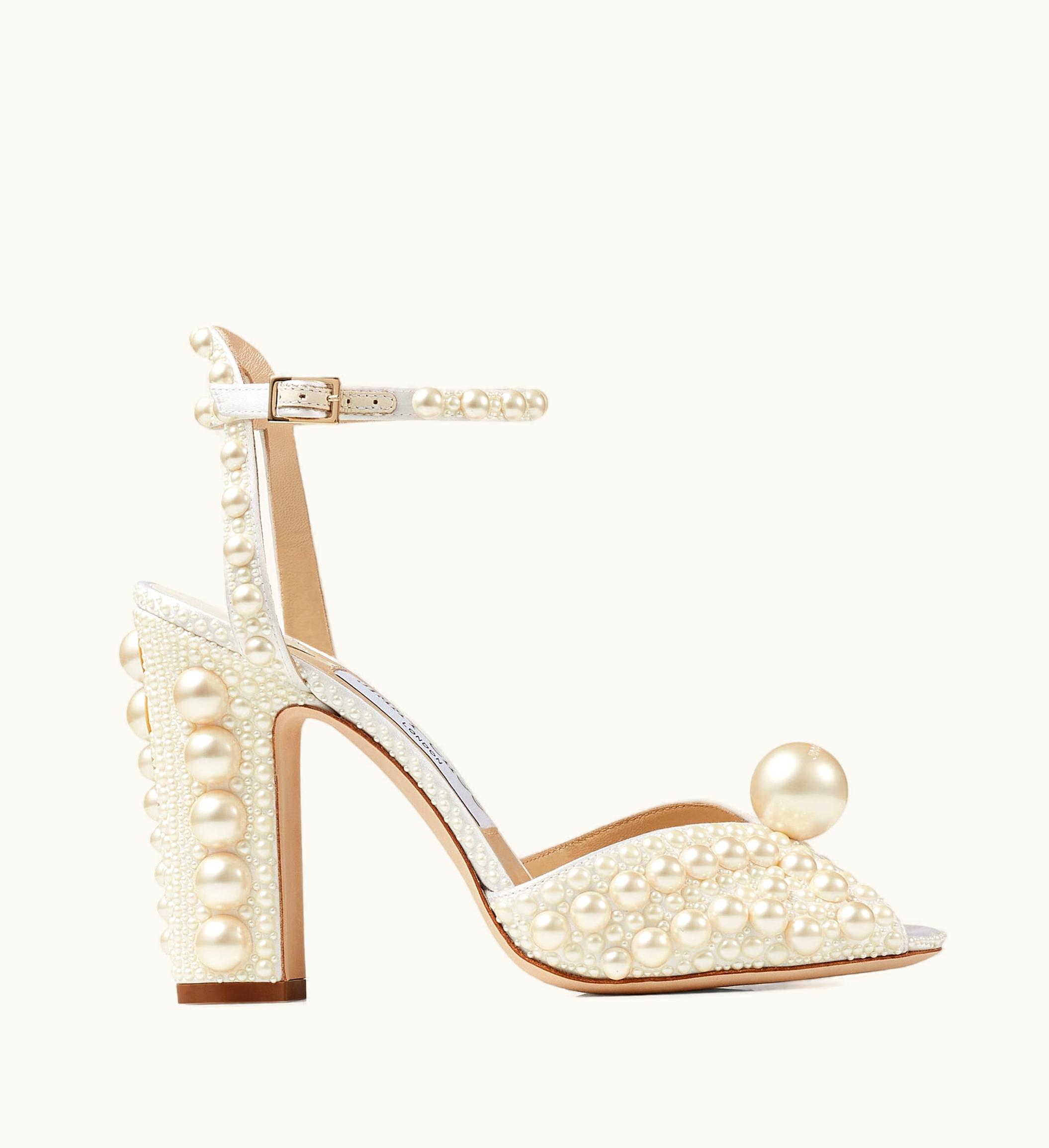 Jimmy Choo Jimmy Choo Sacaria 100 White Satin Sandals With All-Over Pearl Embellishment
