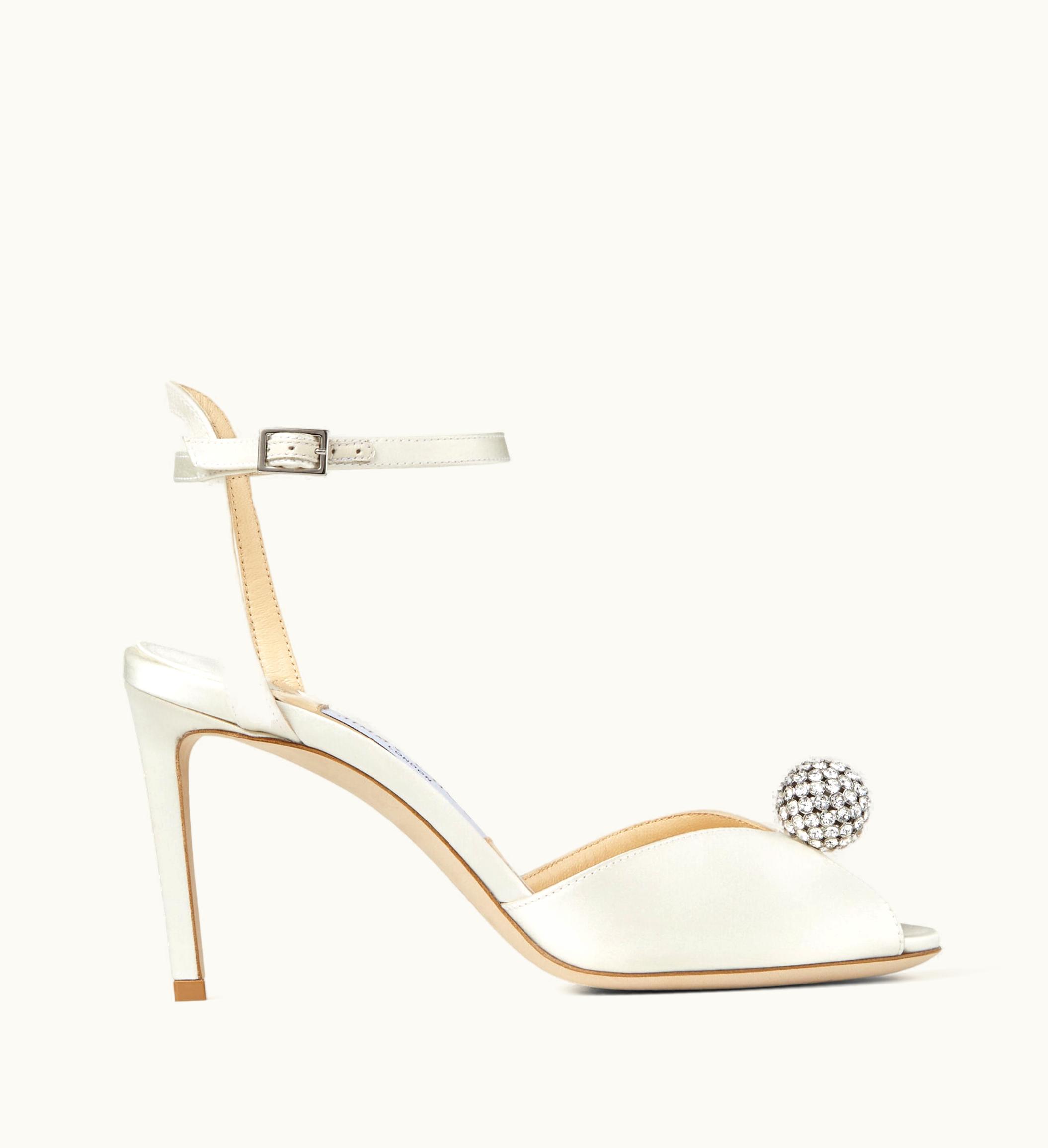 Jimmy Choo Jimmy Choo Sacora 85 Ivory Satin Sandals With Crystal-Embellished Sphere