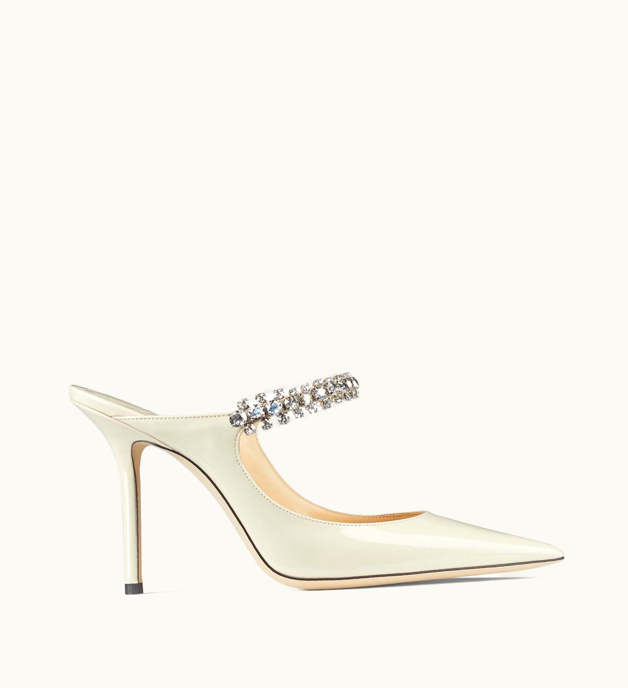 Jimmy Choo Jimmy Choo Bing 100 Linen Patent Leather Mules With Crystal Strap