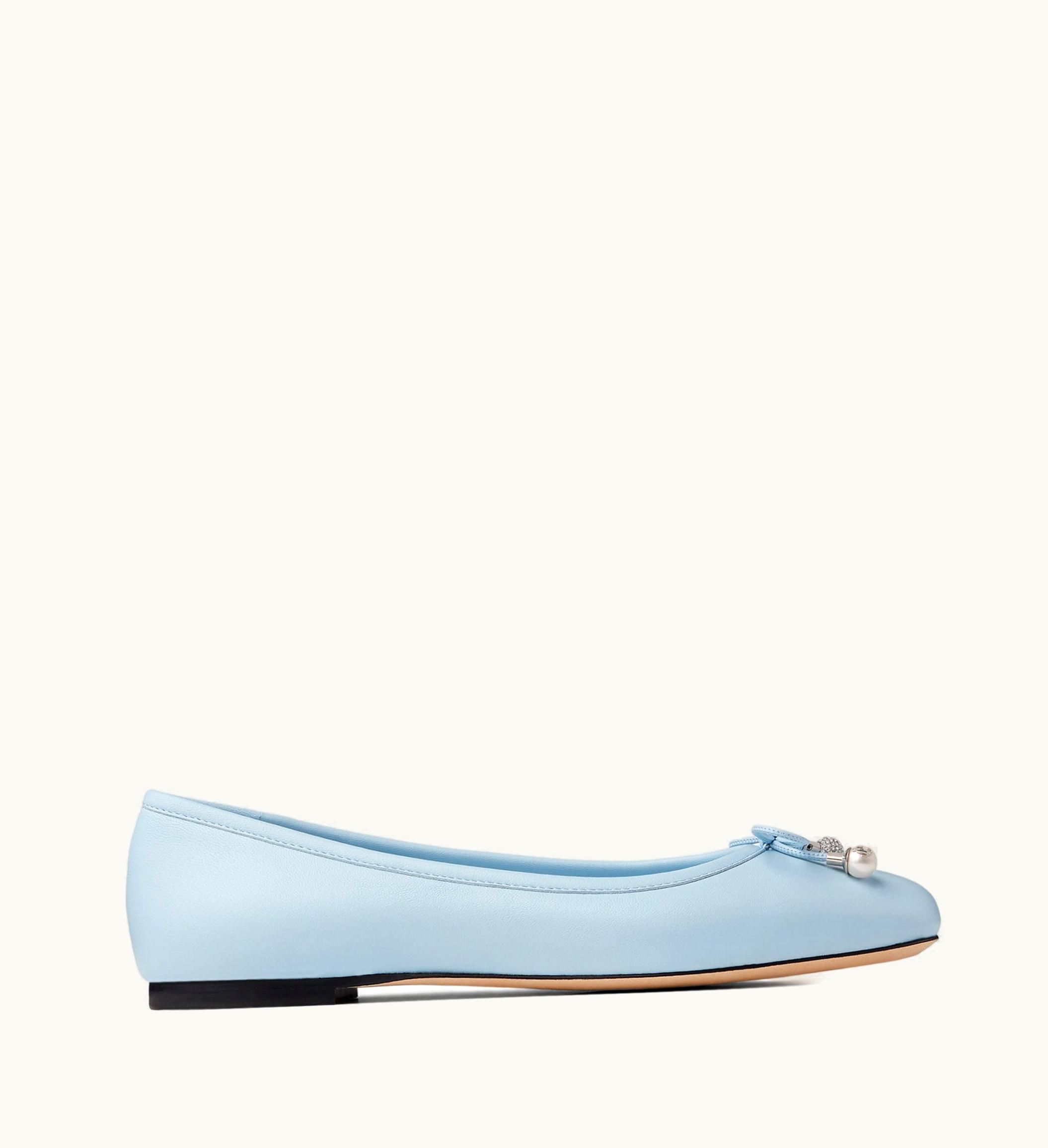 Jimmy Choo Jimmy Choo Elme Flat Ice Blue Nappa Leather Flats With Pearl Embellishment