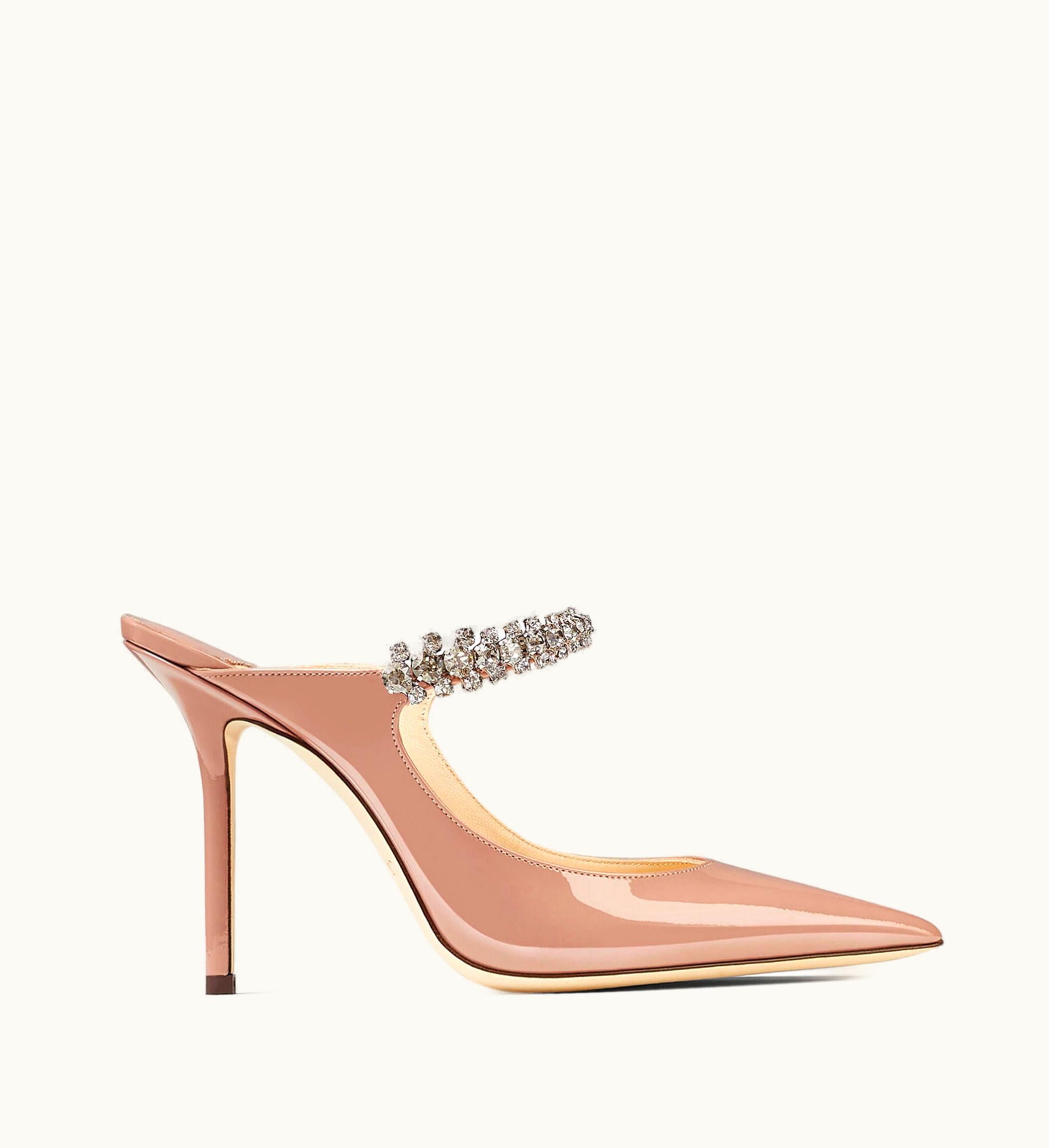 Jimmy Choo Jimmy Choo Bing 100 Ballet Pink Patent Leather Mules With Crystal Strap
