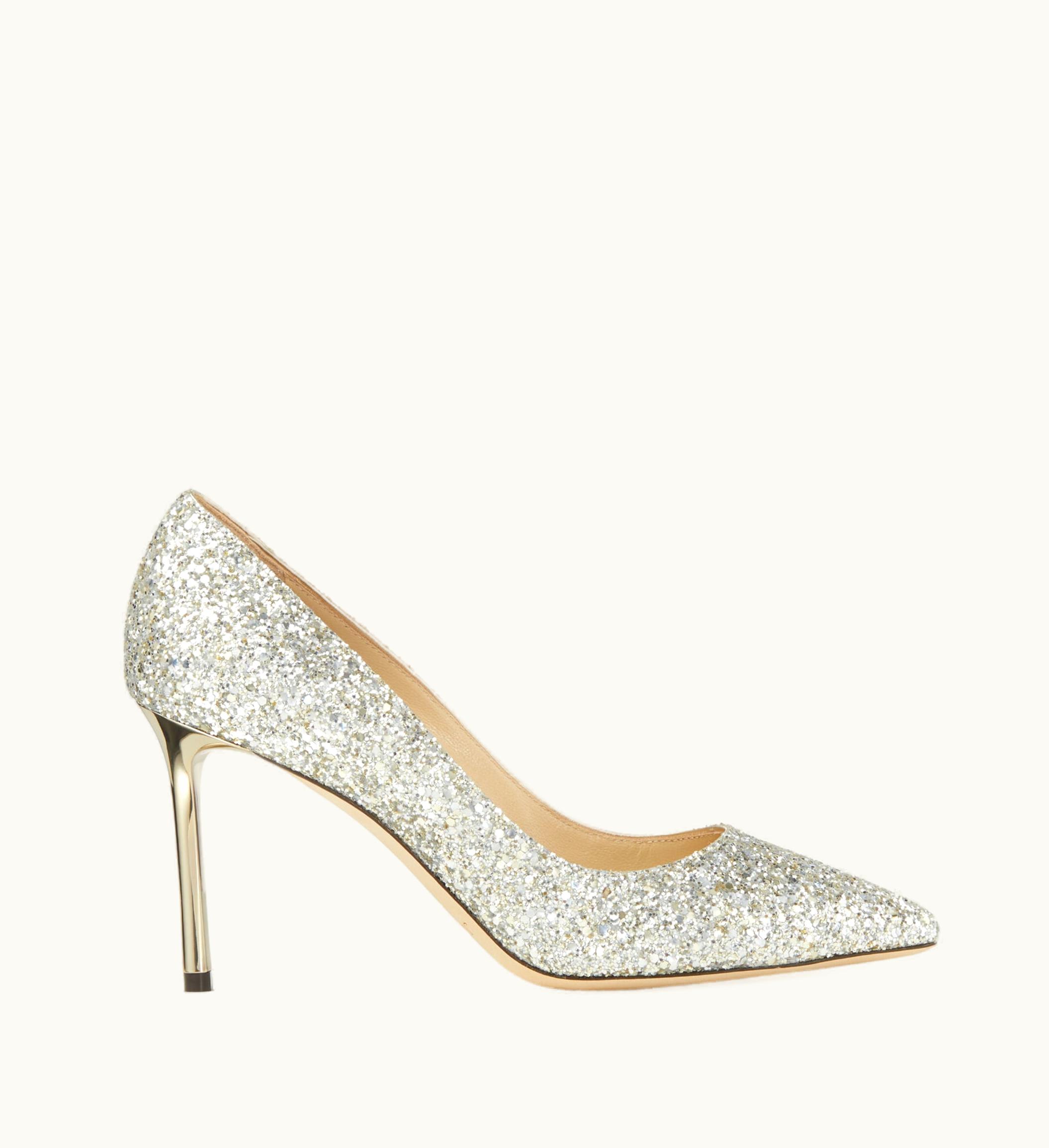 Jimmy Choo Jimmy Choo Romy 85 Champagne Coarse Glitter Fabric Pointy Toe Pumps ROMY85CGF120011